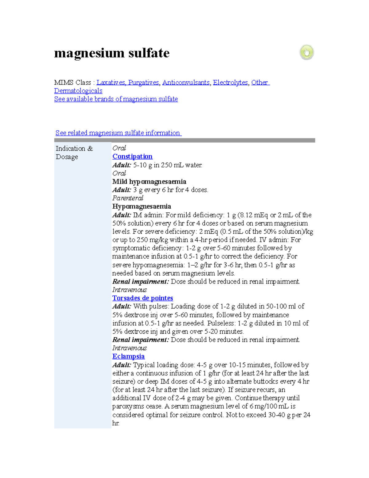 Magnesium sulfate study magnesium sulfate MIMS Class Laxatives