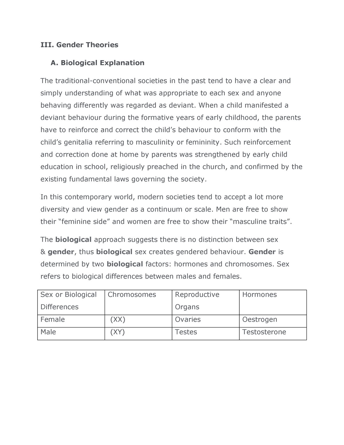 CESS 3 - Module III - III. Gender Theories A. Biological Explanation ...