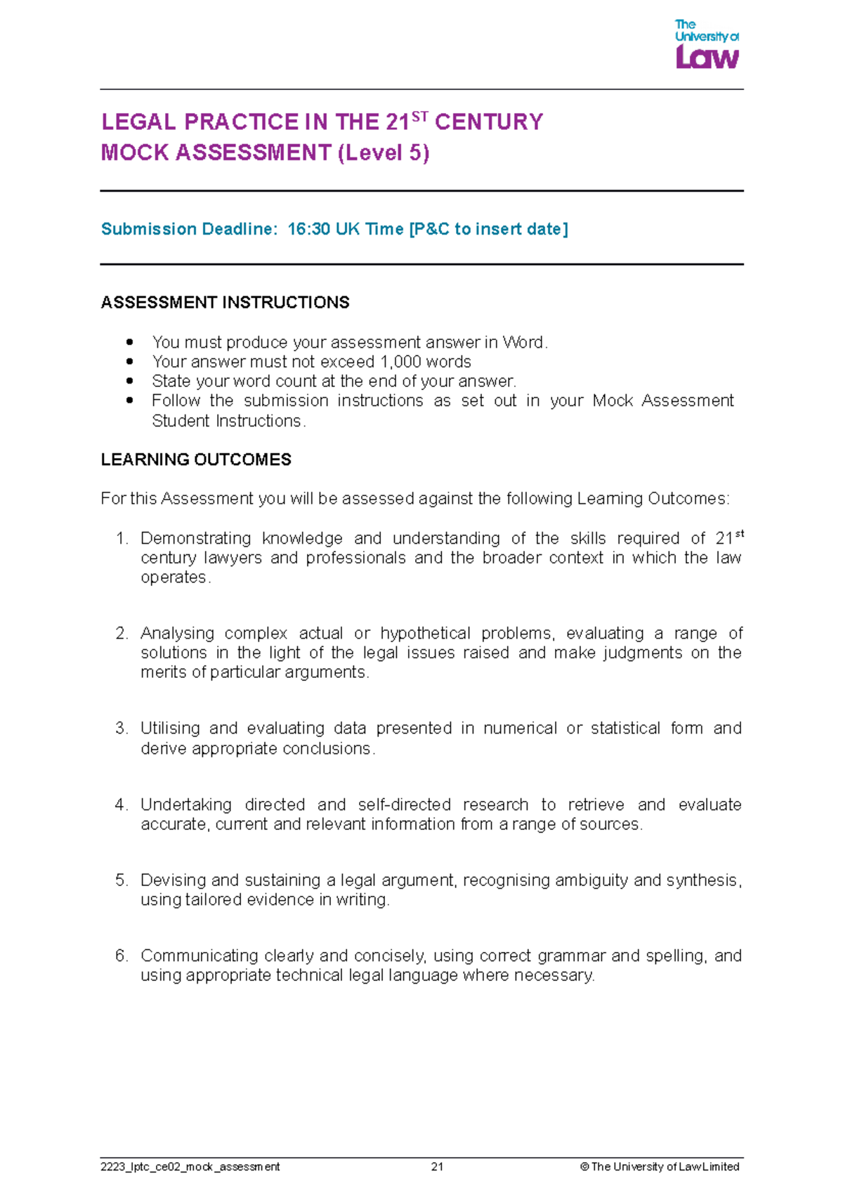 2223 Lptc Ce02 Mock Assessment - LEGAL PRACTICE IN THE 21 ST CENTURY ...