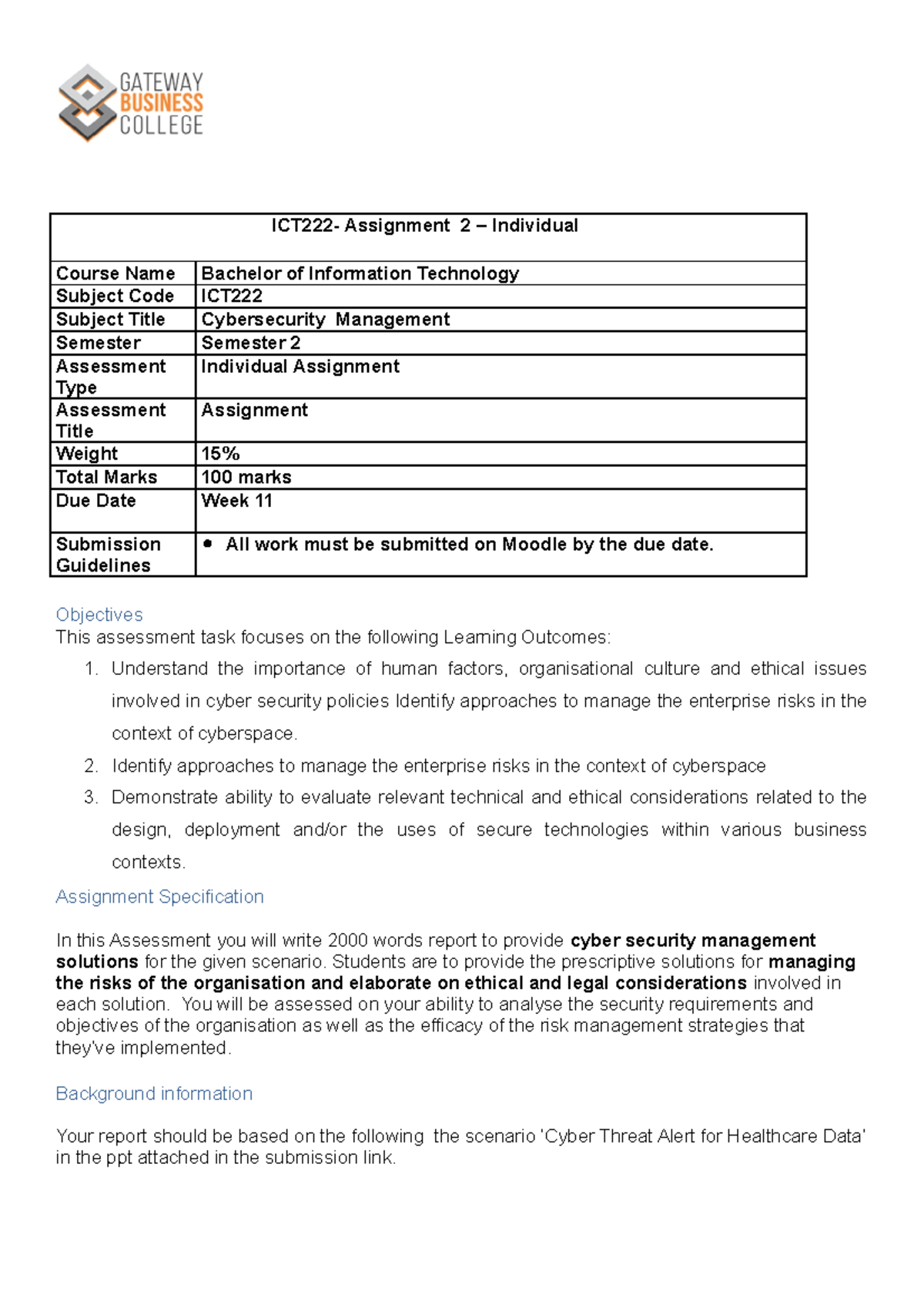 ICT222 Final Assignment 2 v1 - ICT222- Assignment 2 – Individual Course ...