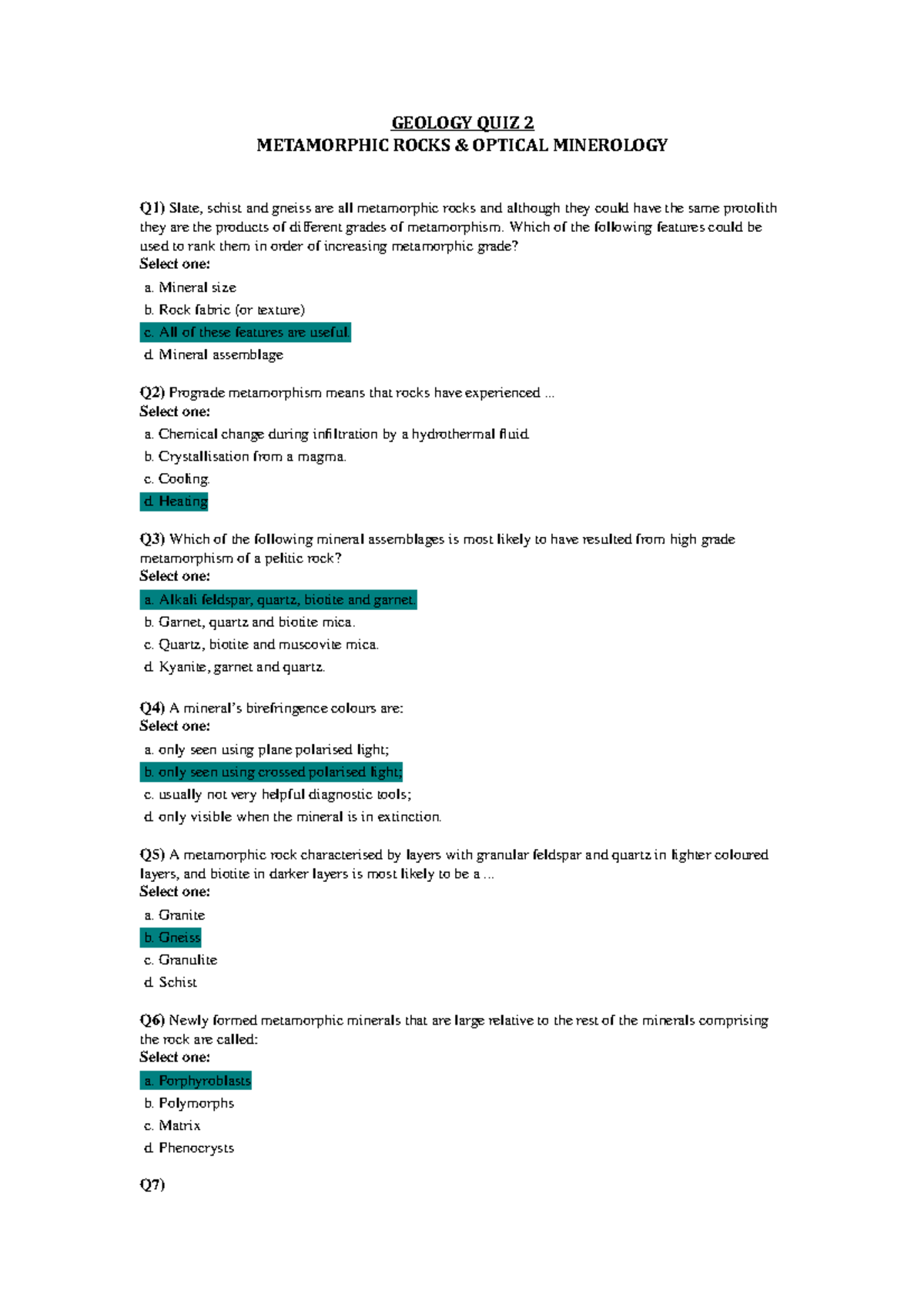 Practical assessed quiz 2 questions and answers GEOLOGY QUIZ 2