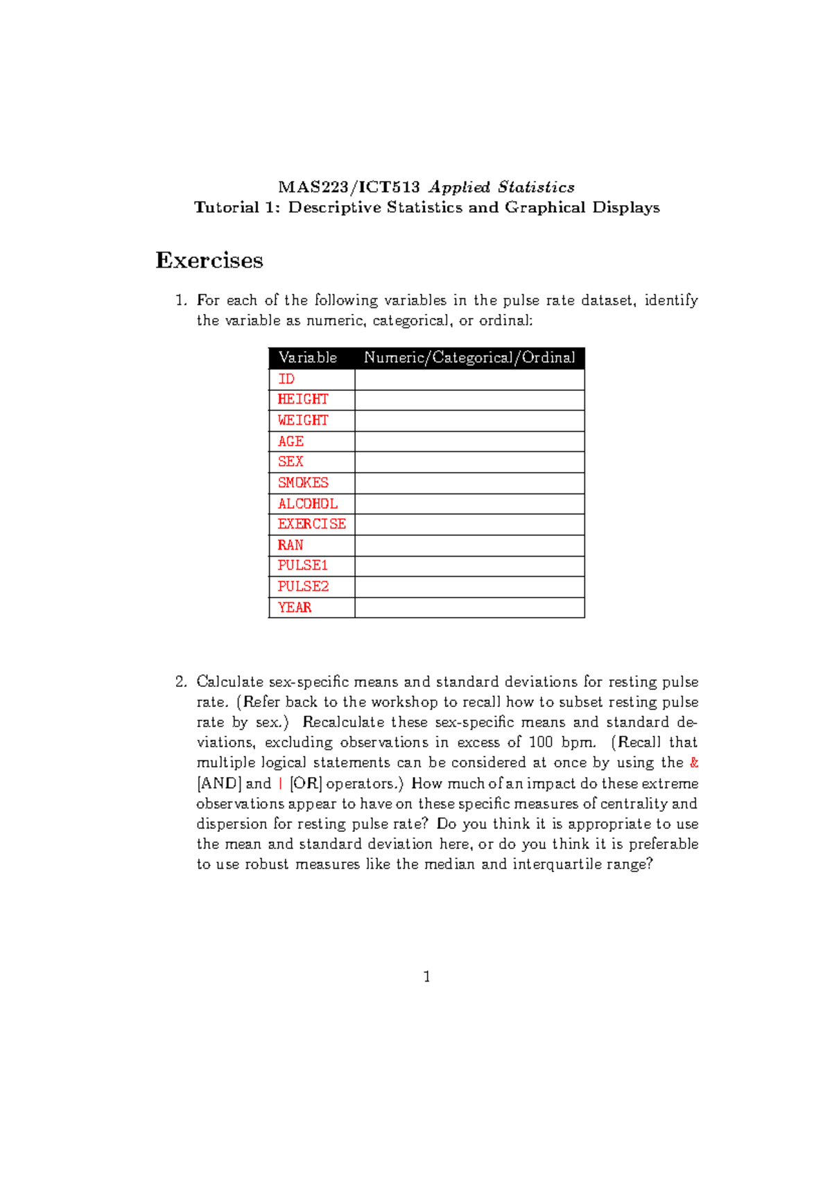 Tutorial 1 - MAS223/ICT513 Applied Statistics Tutorial 1: Descriptive ...