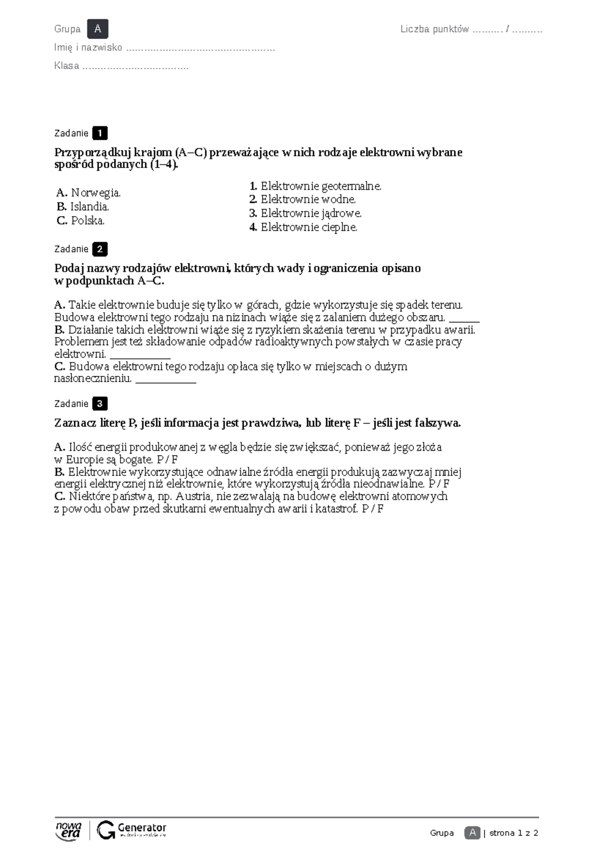 Zadania -energetyka w Europie - Grupa A | strona 1 z 2 Grupa A Imię i