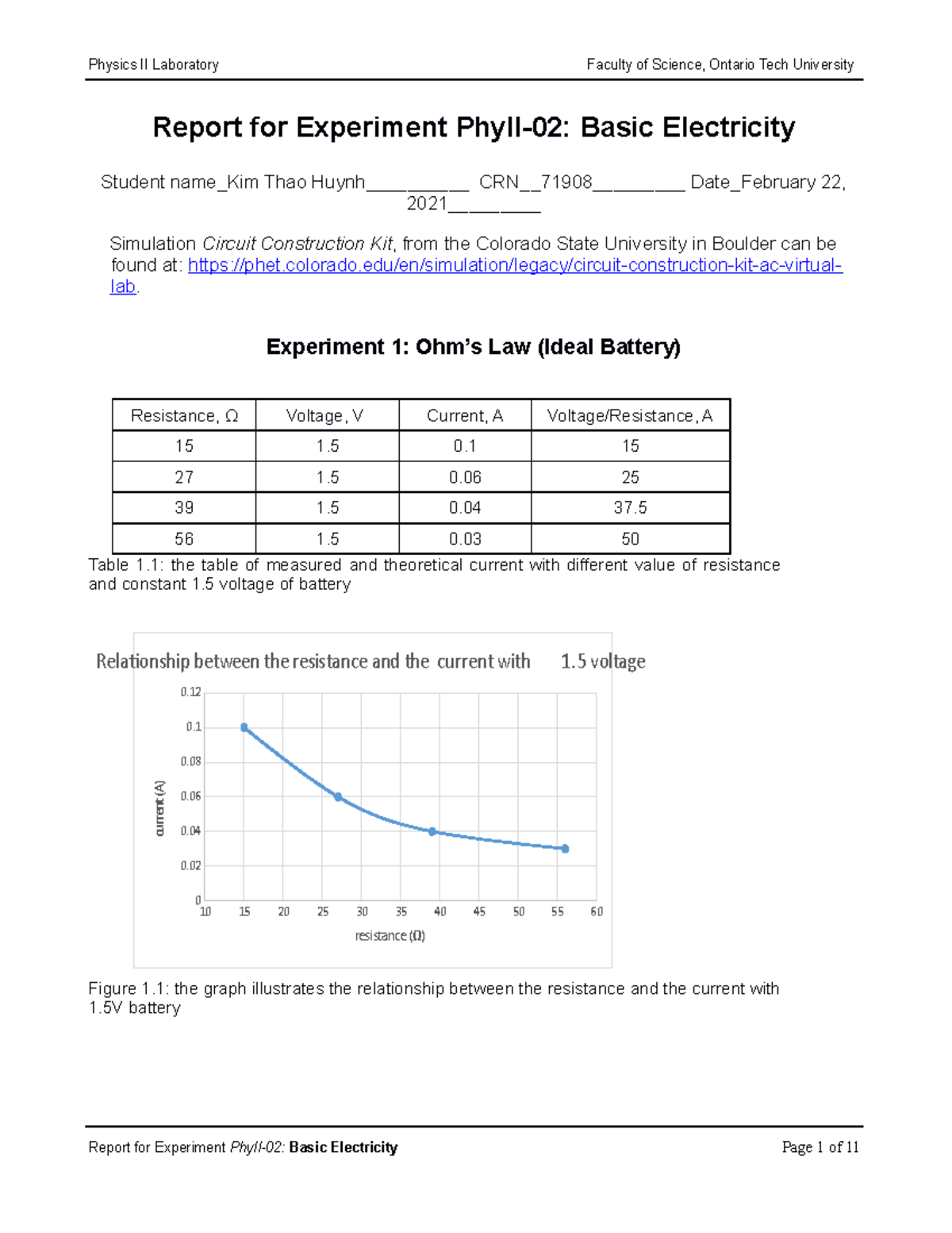 Lab 2 Basic electricity report Report for Experiment PhyII02 Basic Electricity Student name