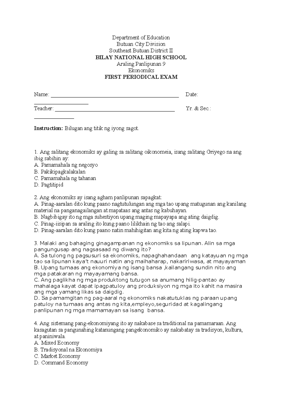 1st periodical test AP 9 - Department of Education Butuan City Division ...