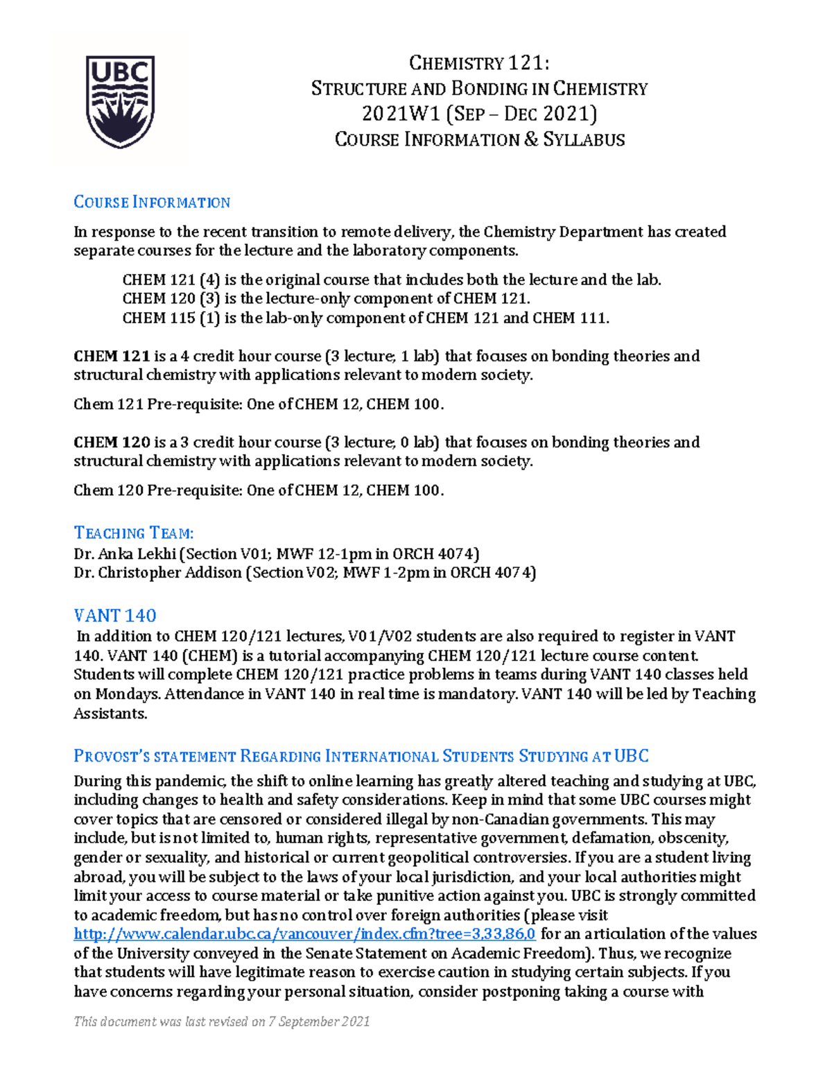 2021 CHEM 121 Syllabus V01 V02 - CHEMISTRY 121: STRUCTURE AND BONDING ...