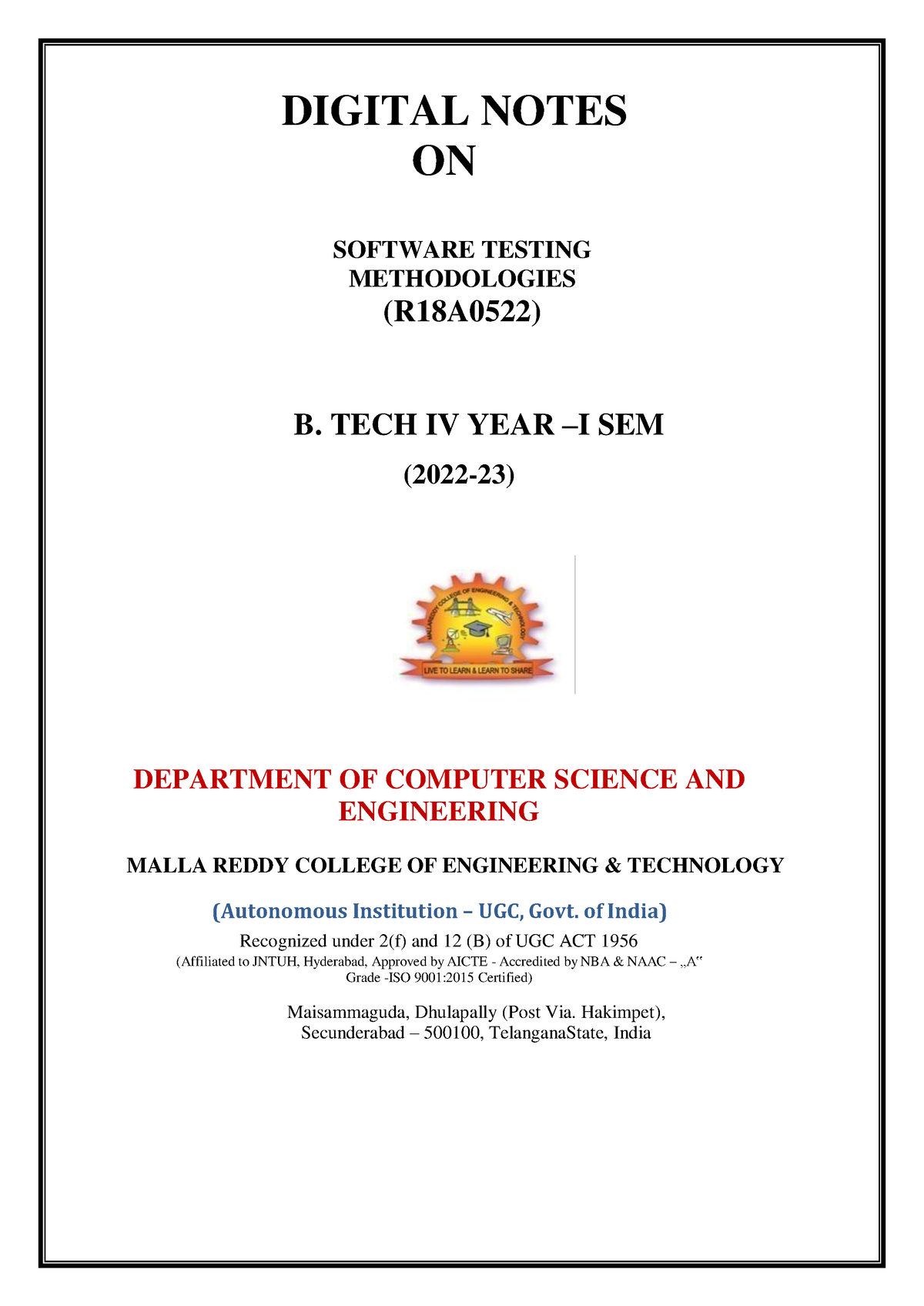 Software Testing Notes - Computer Science Engineering - Studocu