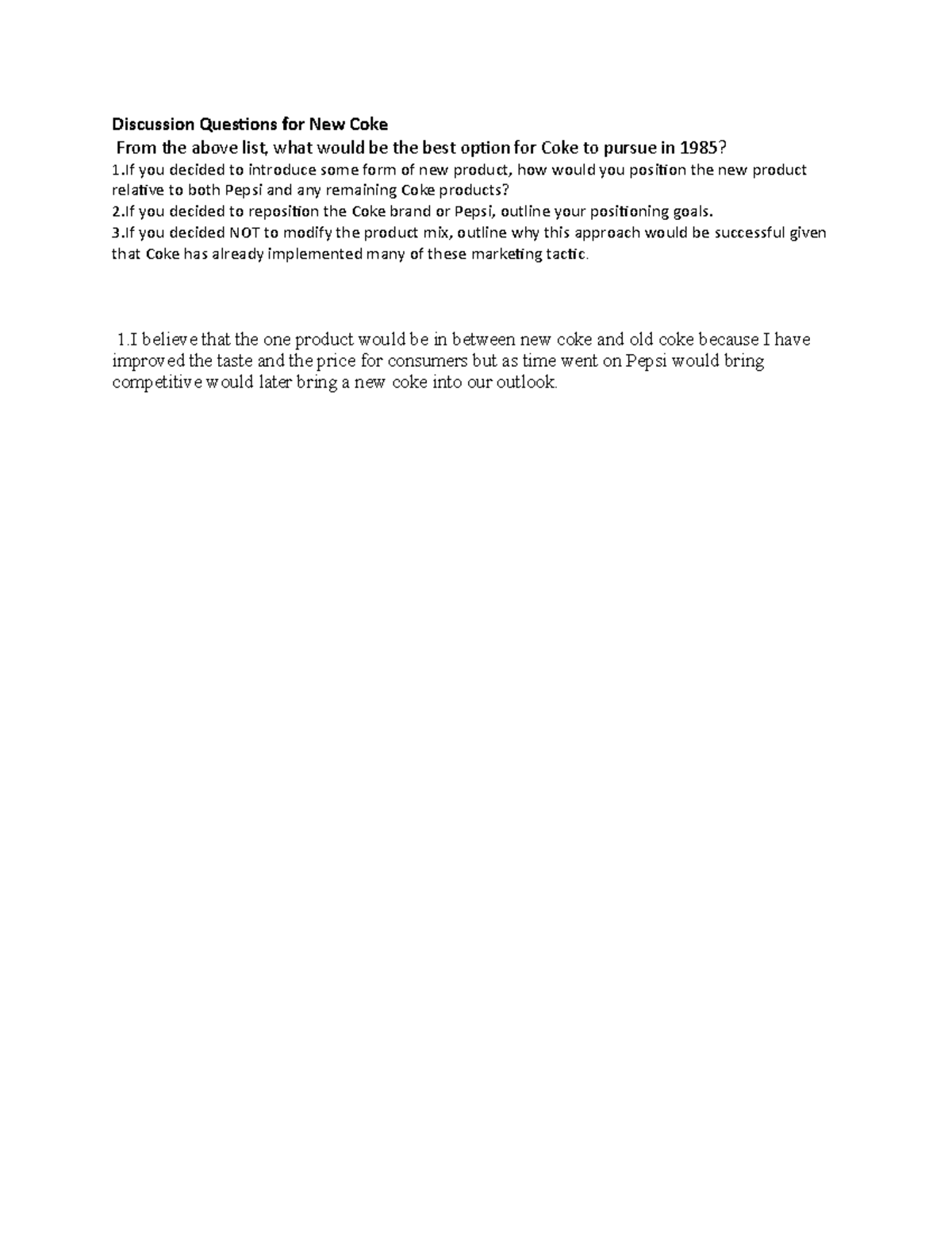 Coke Study program - Discussion Questions for New Coke From the above ...