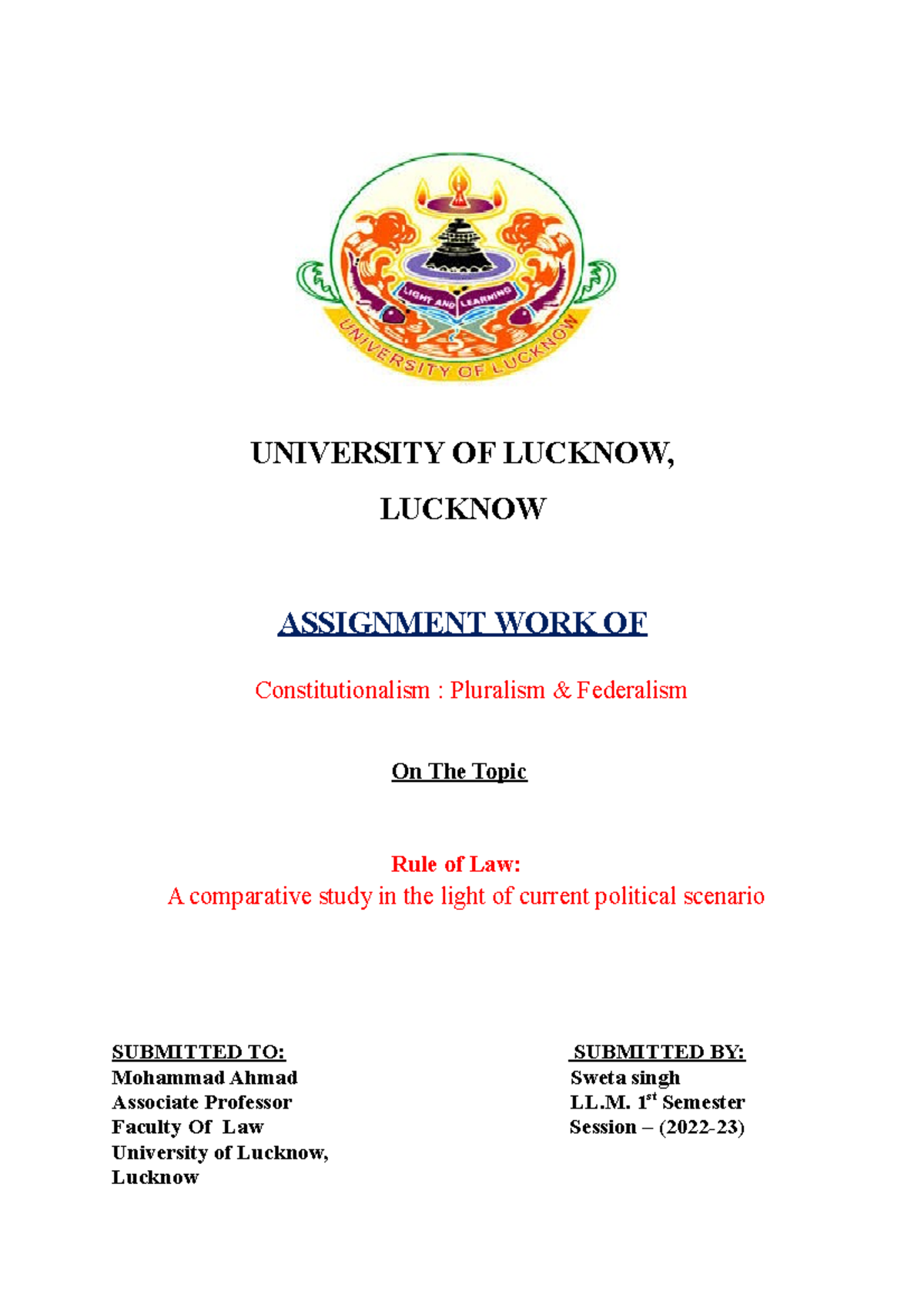 front page of assignment lucknow university