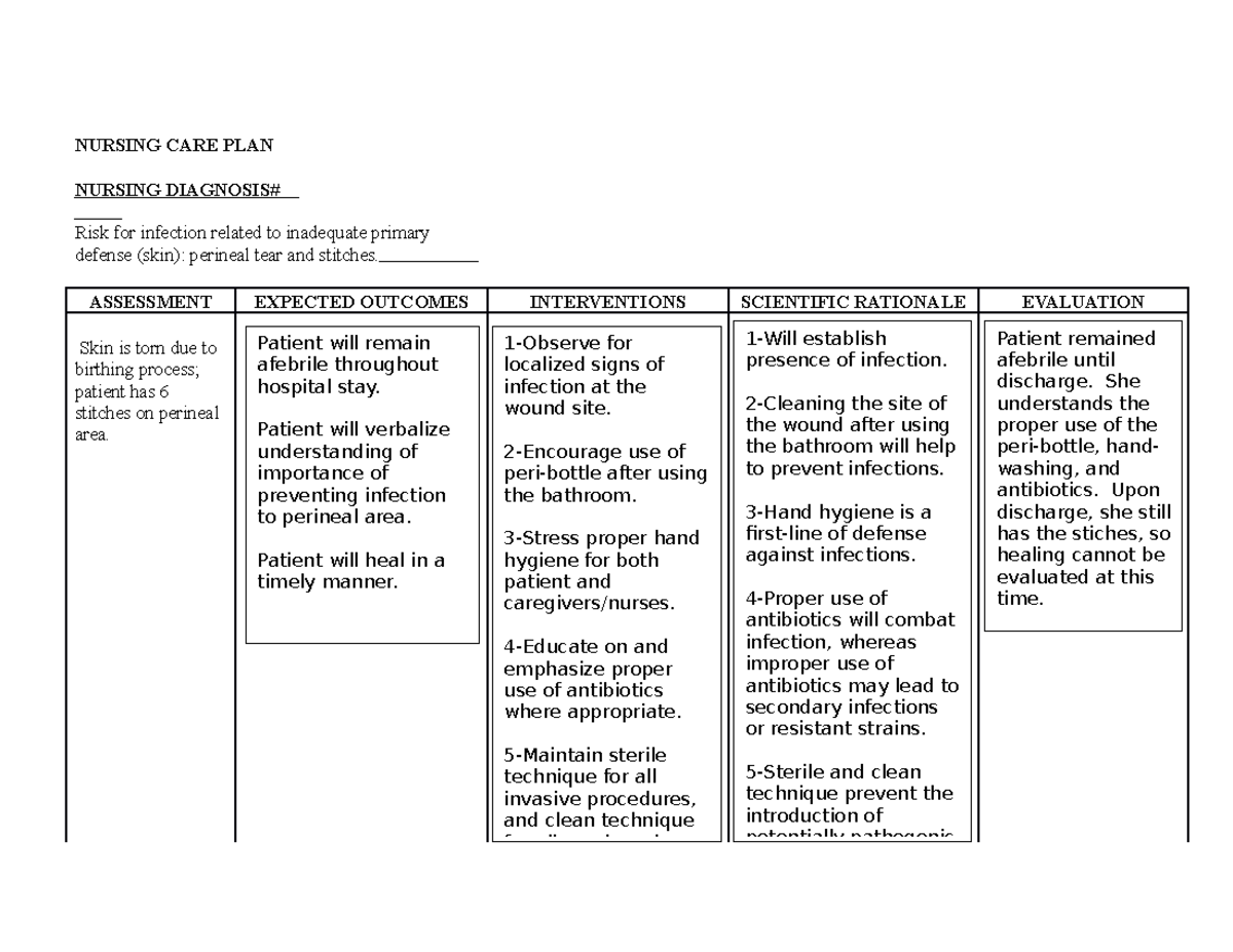 Nursing Care Plan Risk For Infection Related To Anemia