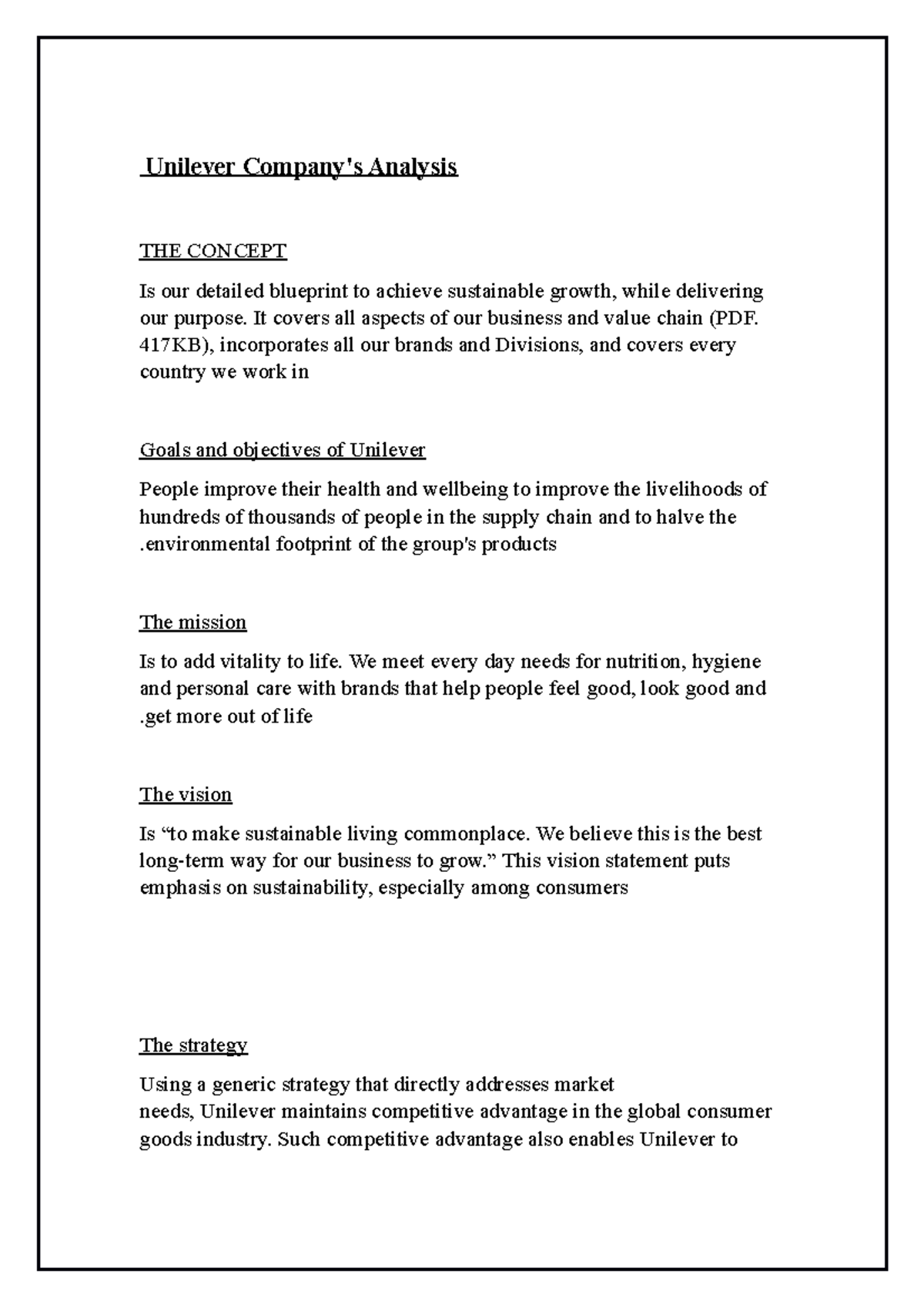 Unilever Analysis Unilever Company's Analysis THE CONCEPT Is our