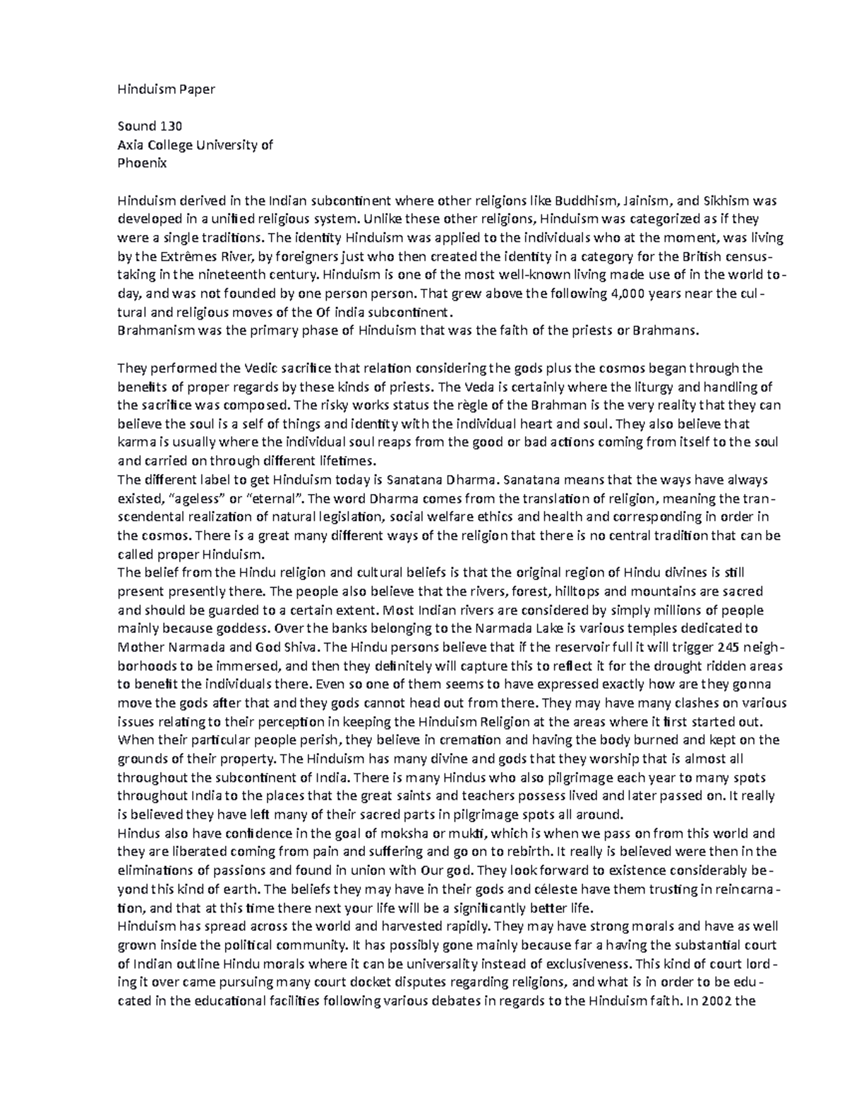 Hum 130 Hinduism Paper 1 - Hinduism Paper Sound 130 Axia College ...