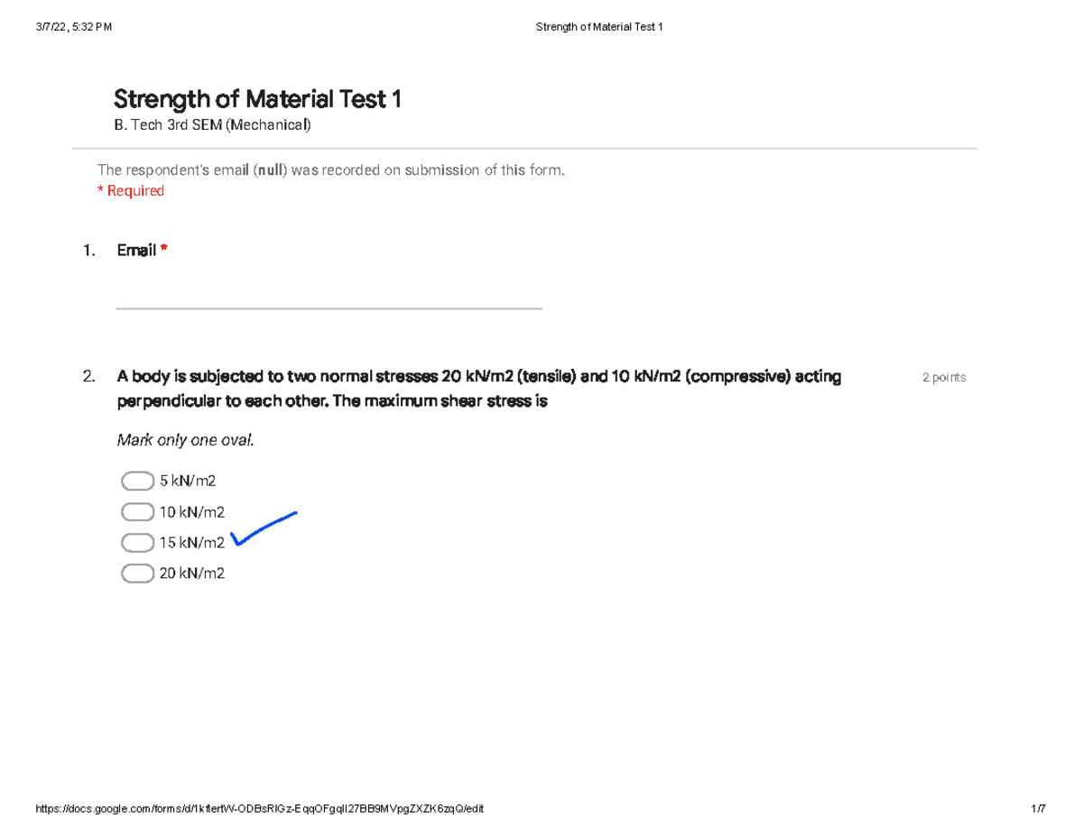 Strength of Material Test 1 Email * 2 points Mark only one oval. 5 kN