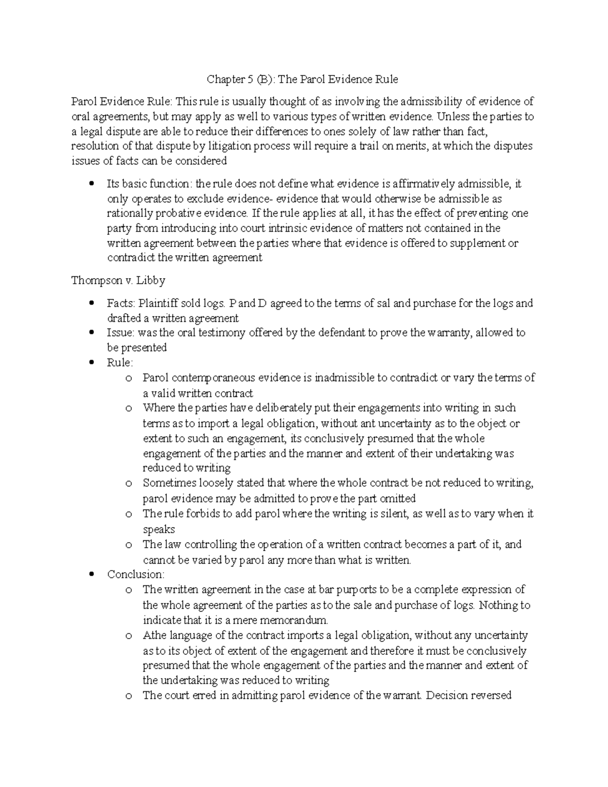 Chapter 5 - Chapter 5 (B): The Parol Evidence Rule Parol Evidence Rule ...
