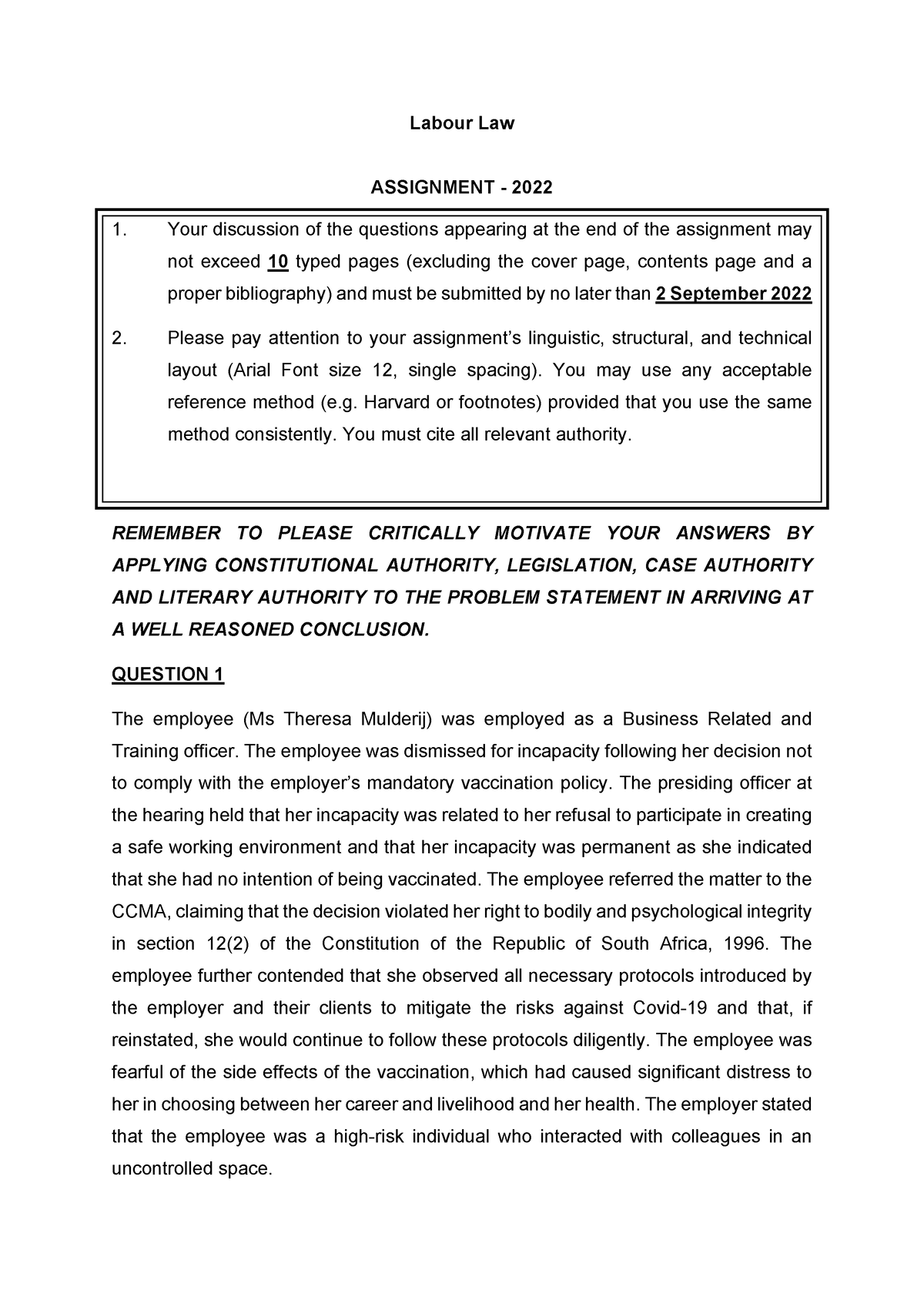 Assignment 1 2022 Labour Law Assignment 20 22 Your Discussion Of The Questions Appearing At 4747