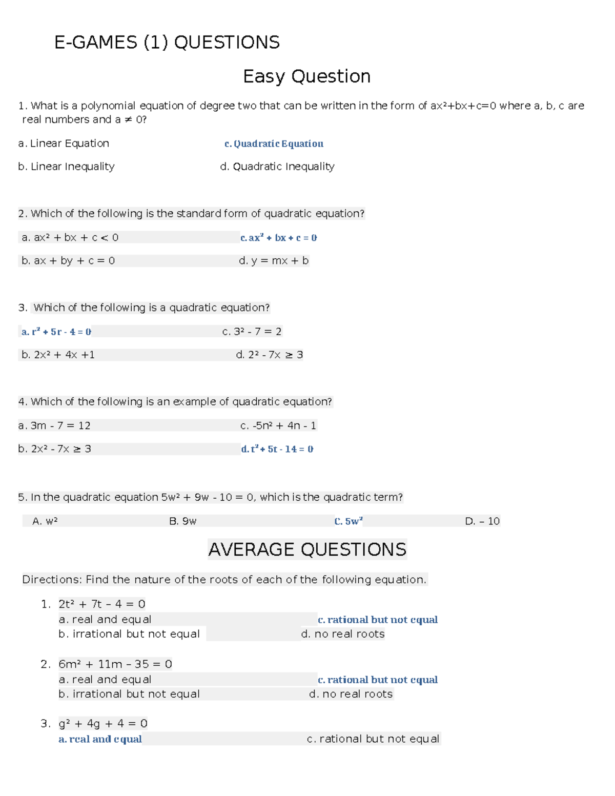 Questions for e games no 1 EGAMES (1) QUESTIONS Easy Question 1