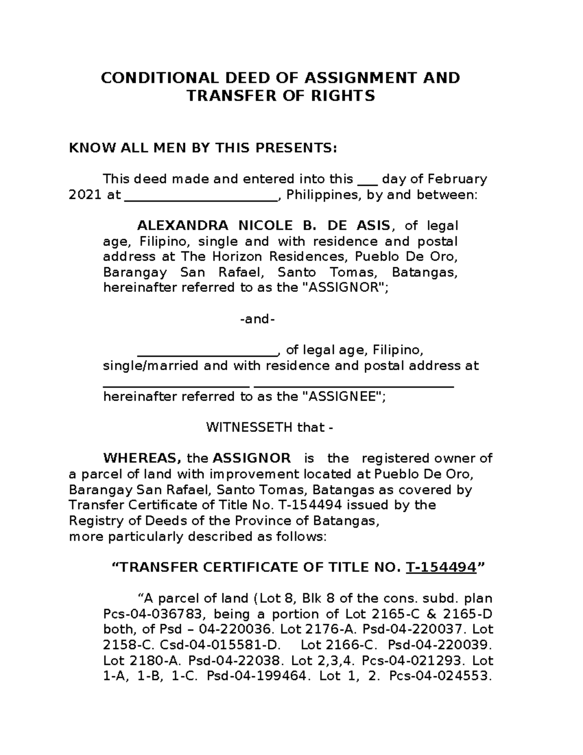 deed of conditional assignment