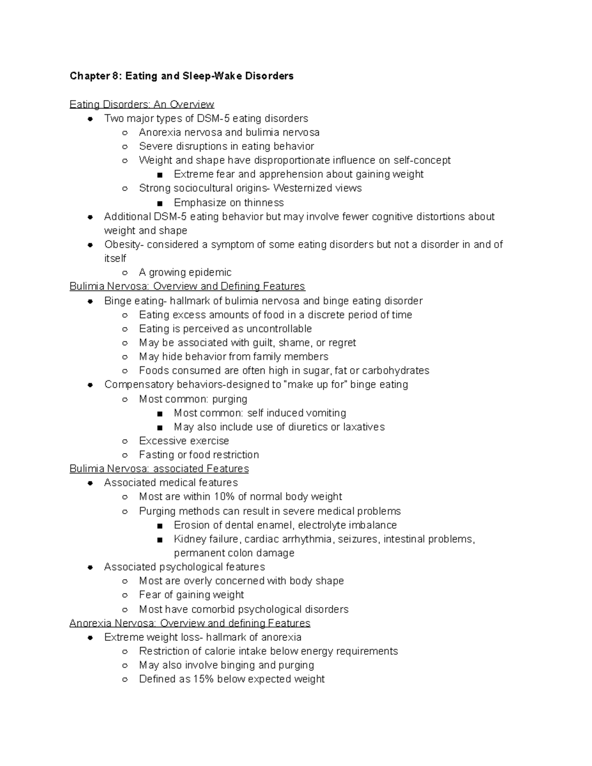 Chapter 8 Class Notes - Chapter 8: Eating and Sleep-Wake Disorders ...
