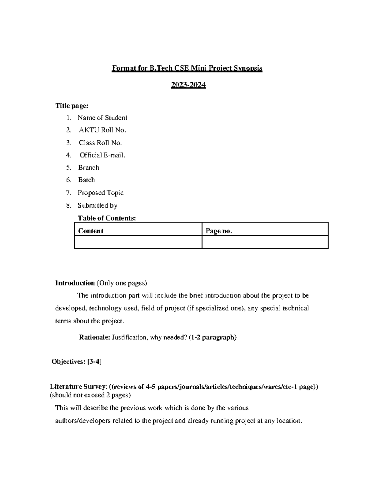 Final Synopsis Format 2023-2024 1 - Format for B CSE Mini Project ...