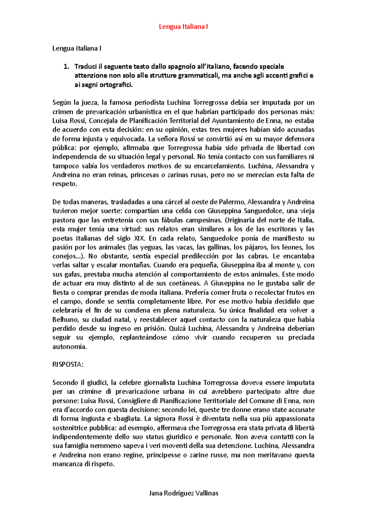 Lengua italiana I - texto para traducir al italiano - Lengua Italiana I ...