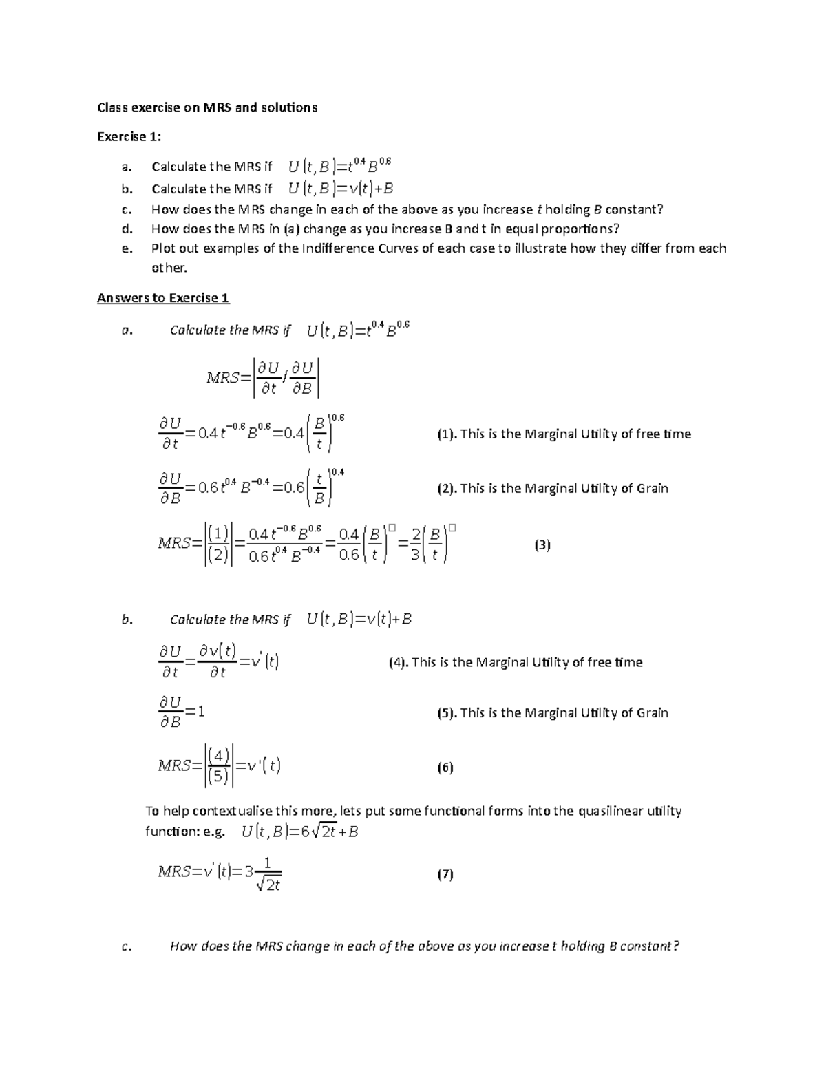 Class exercise on MRS and solutions - Class exercise on MRS and ...