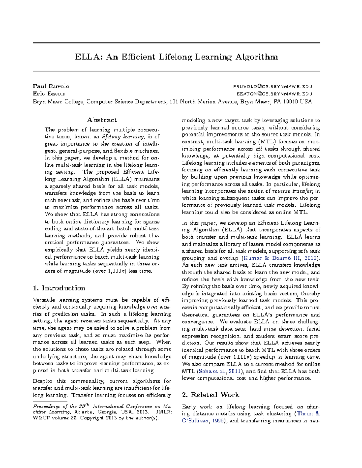 Summary - Ella an efficient lifelong learning algorithm - Paul Ruvolo ...