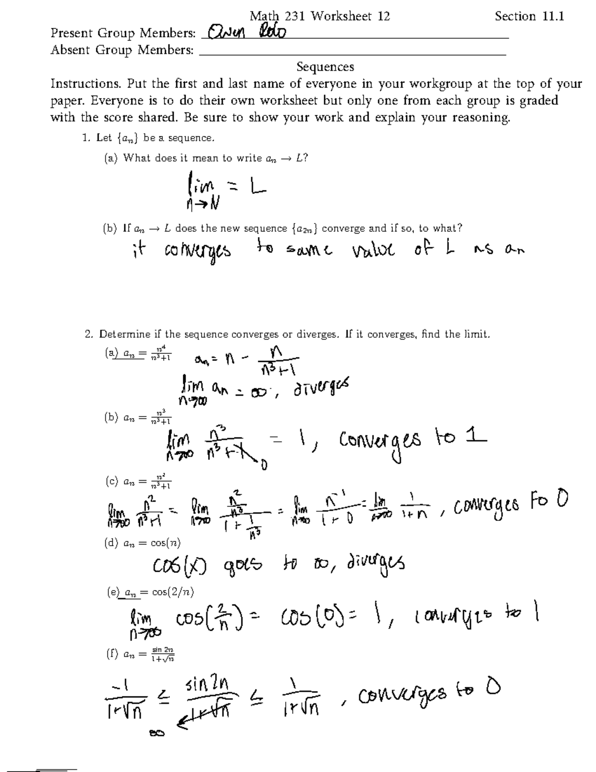 MATH 231 WS 12 (11 - Math 231 Worksheet 1 2 Section 11. Present Group ...