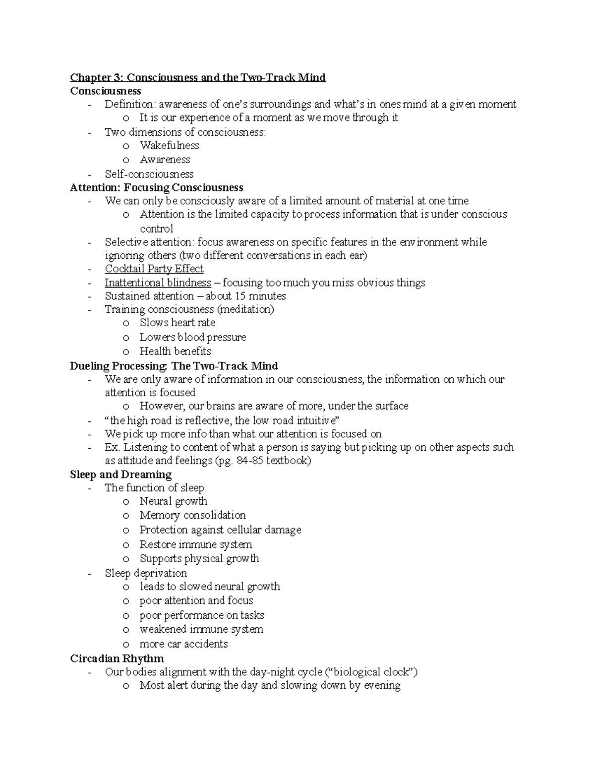 Psych Chapter 3 - Dr. French - Chapter 3: Consciousness and the Two ...