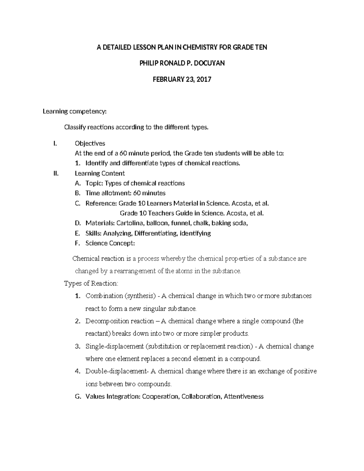 Types of c reactions - A DETAILED LESSON PLAN IN CHEMISTRY FOR GRADE ...