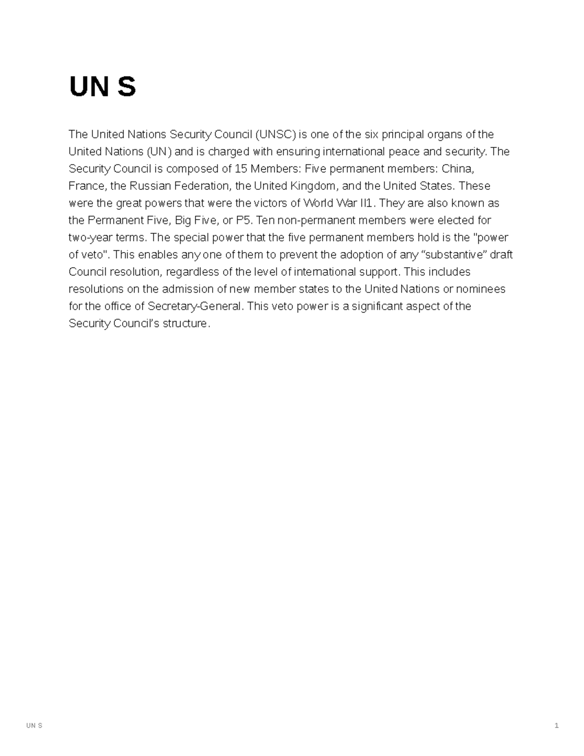 UN - DFOXLVK - UN S 1 UN S The United Nations Security Council (UNSC ...