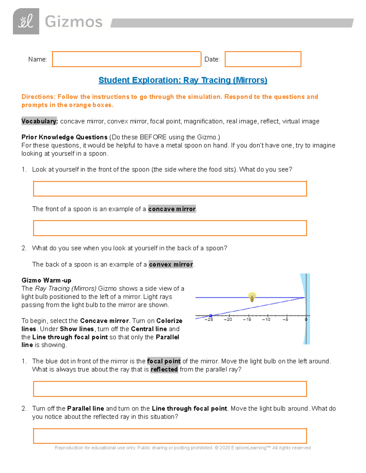 Copy of Ray Tracing Mirrors SE - Name: Date: Student Exploration: Ray ...