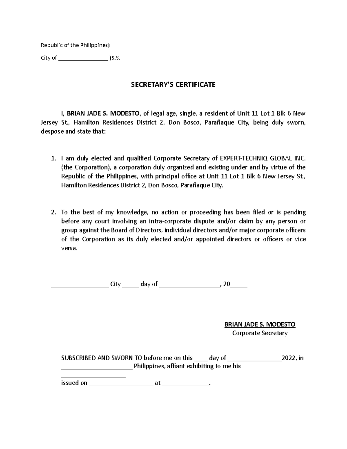 5. Sec Cert of Non-Existence of Intra-Corporate Dispute - Republic of ...