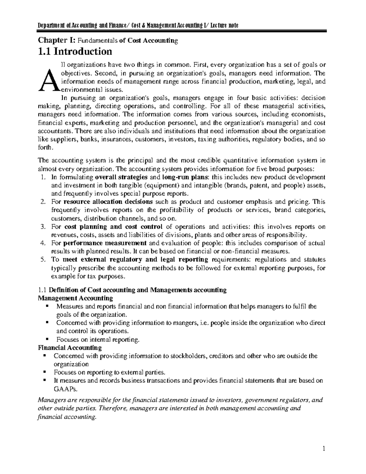 Chapter 1 - NOTE - Chapter I: Fundamentals of Cost Accounting 1 ...
