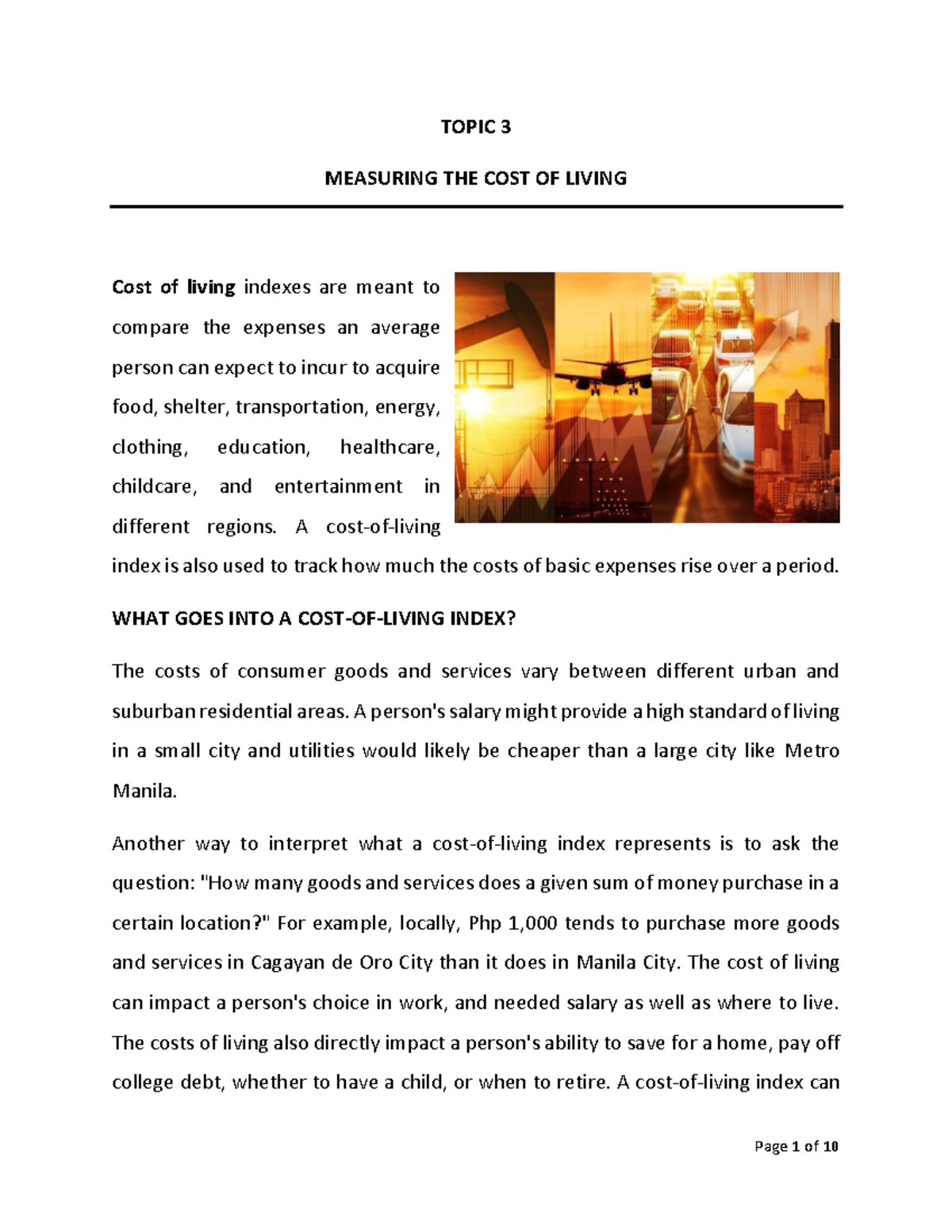 Topic 3 Economic Development - TOPIC 3 MEASURING THE COST OF LIVING ...