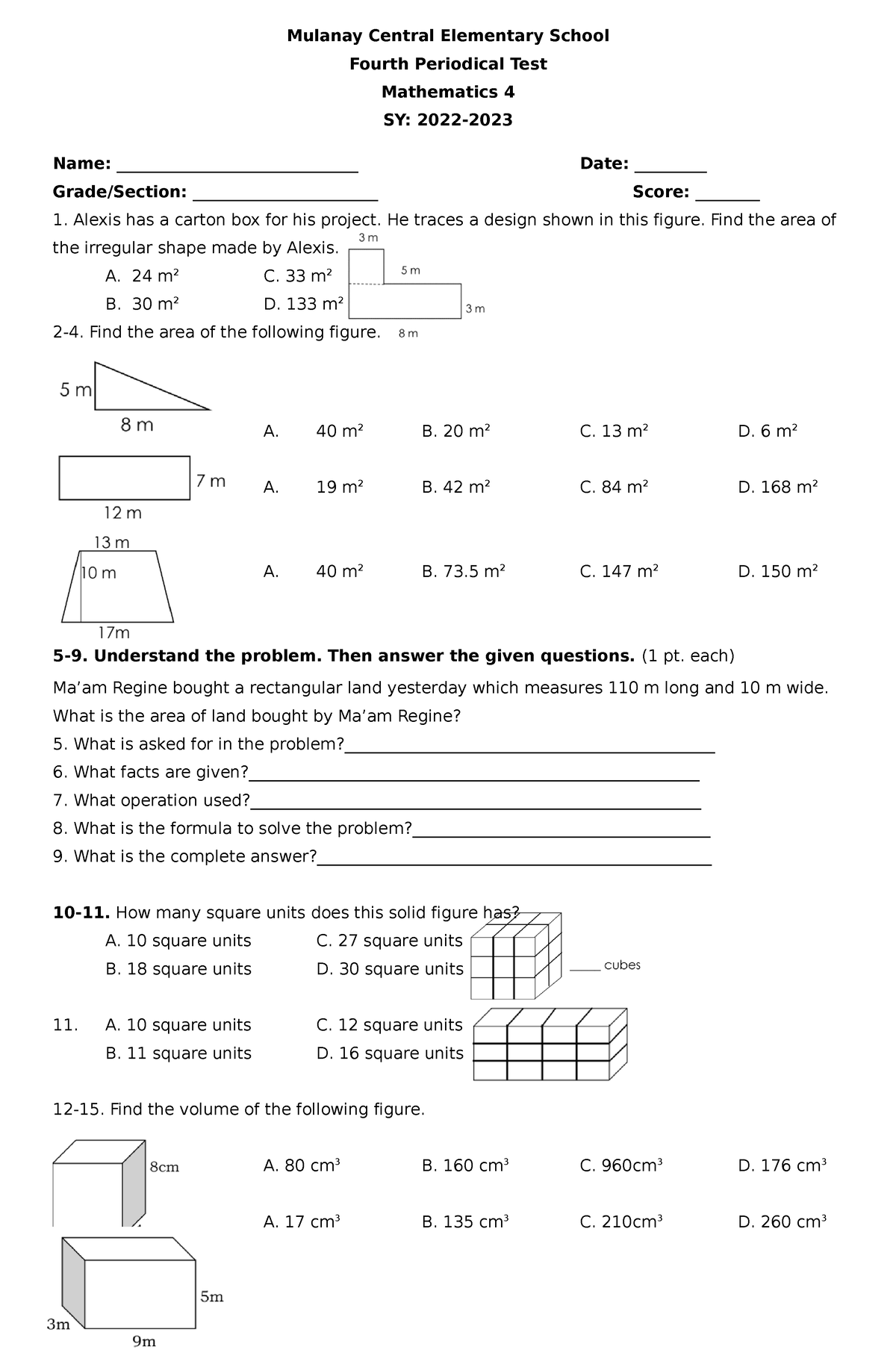 Q4 Math 4 Periodical Test - Mulanay Central Elementary School Fourth ...