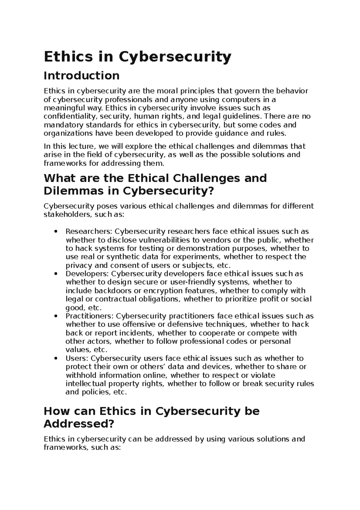 Ethics in Cybersecurity - Ethics in Cybersecurity Introduction Ethics ...