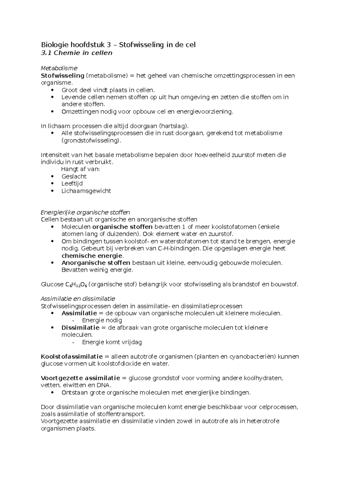 Samenvatting H3 - Stofwisseling In De Cel - Biologie Hoofdstuk 3 ...