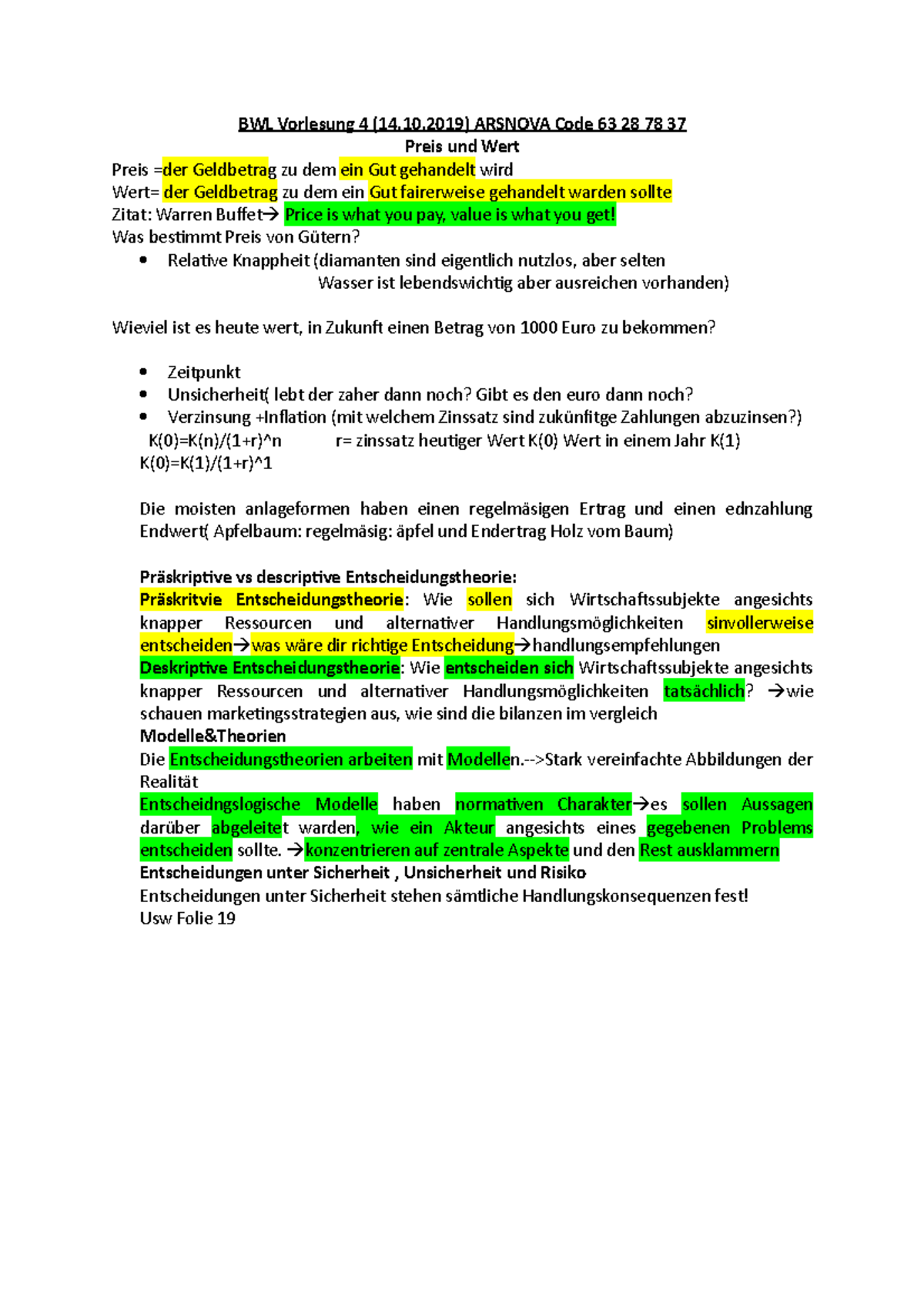 BWL Vorlesung 4 - VO Mitschrift - BWL Vorlesung 4 (14.10) ARSNOVA Code ...