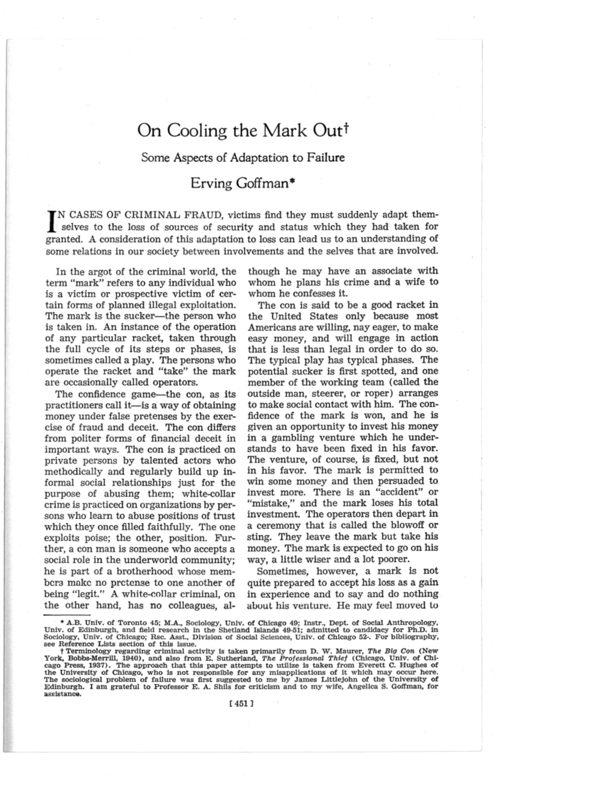 Goffman On Cooling the Mark Out On Cooling the Mark Outt Some Aspects