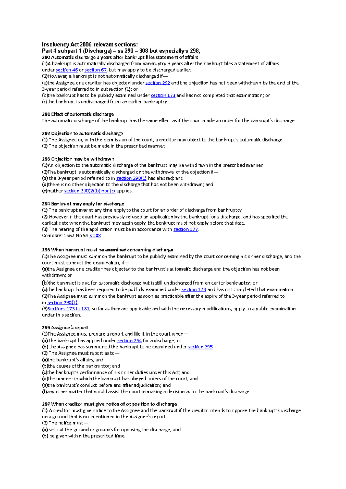 Sections Summary Insolvency and Receivership Insolvency Act 2006