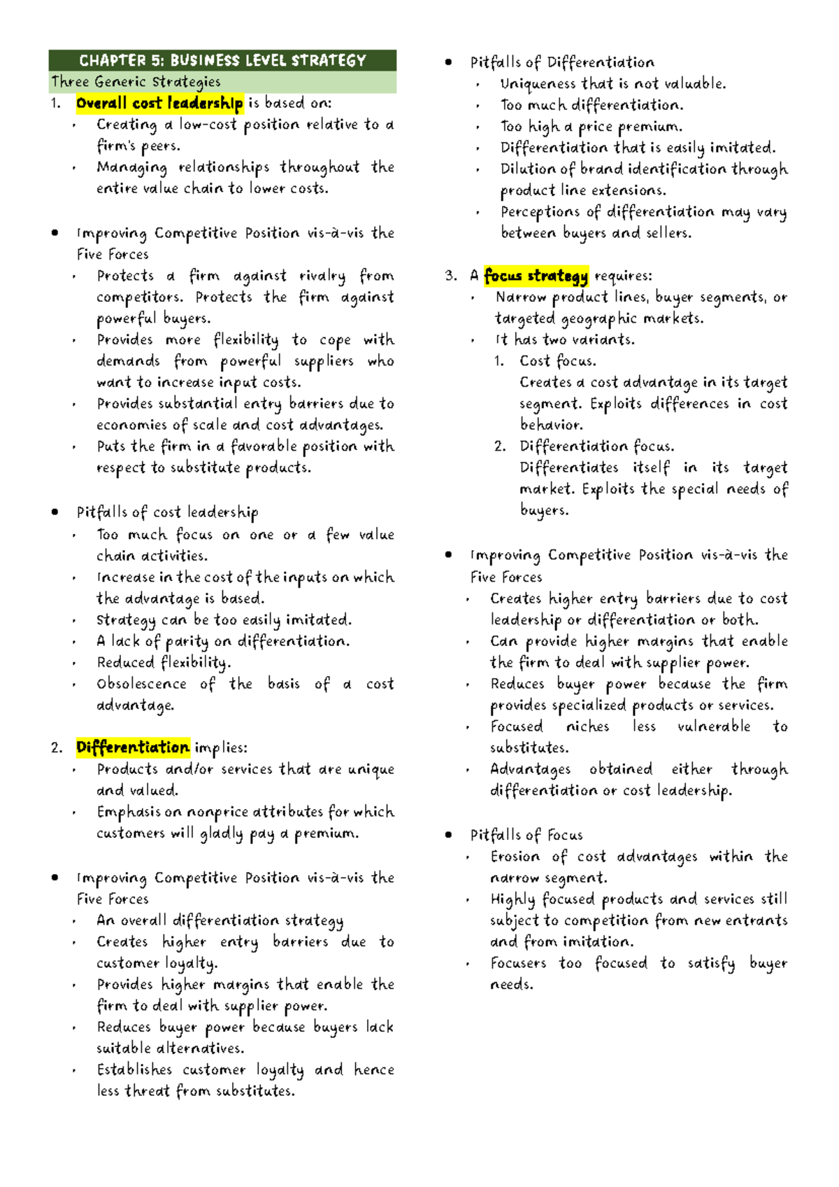 MAF661 Final Notes - CHAPTER 5: BUSINESS LEVEL STRATEGY Three Generic ...