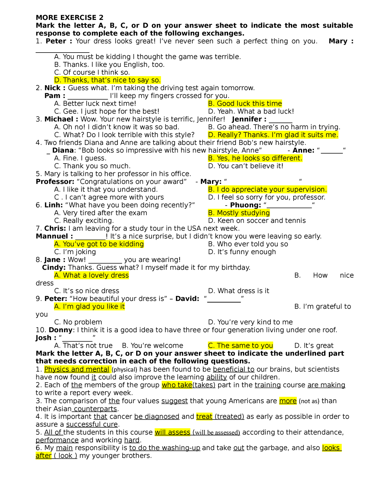 MORE Exercise 2. Doc (1) 1 - MORE EXERCISE 2 Mark The Letter A, B, C ...