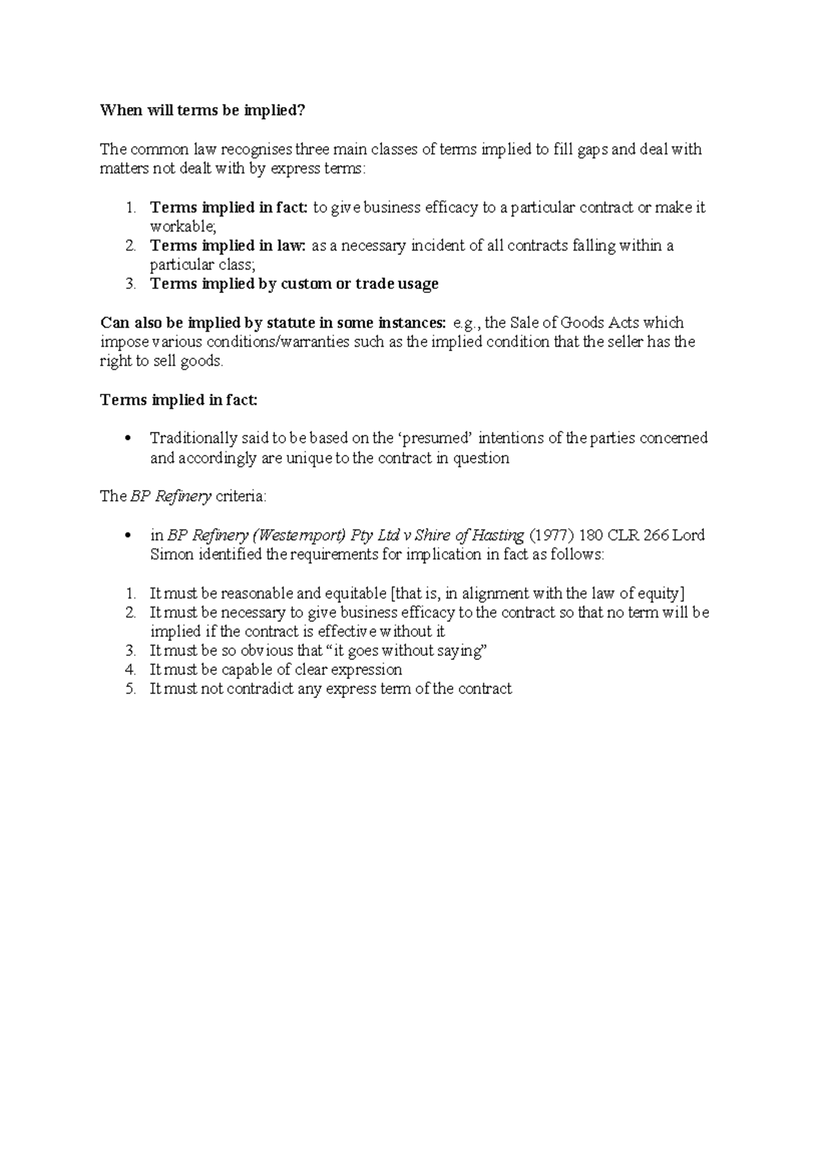 Implied Terms When Will Terms Be Implied The Common Law Recognises