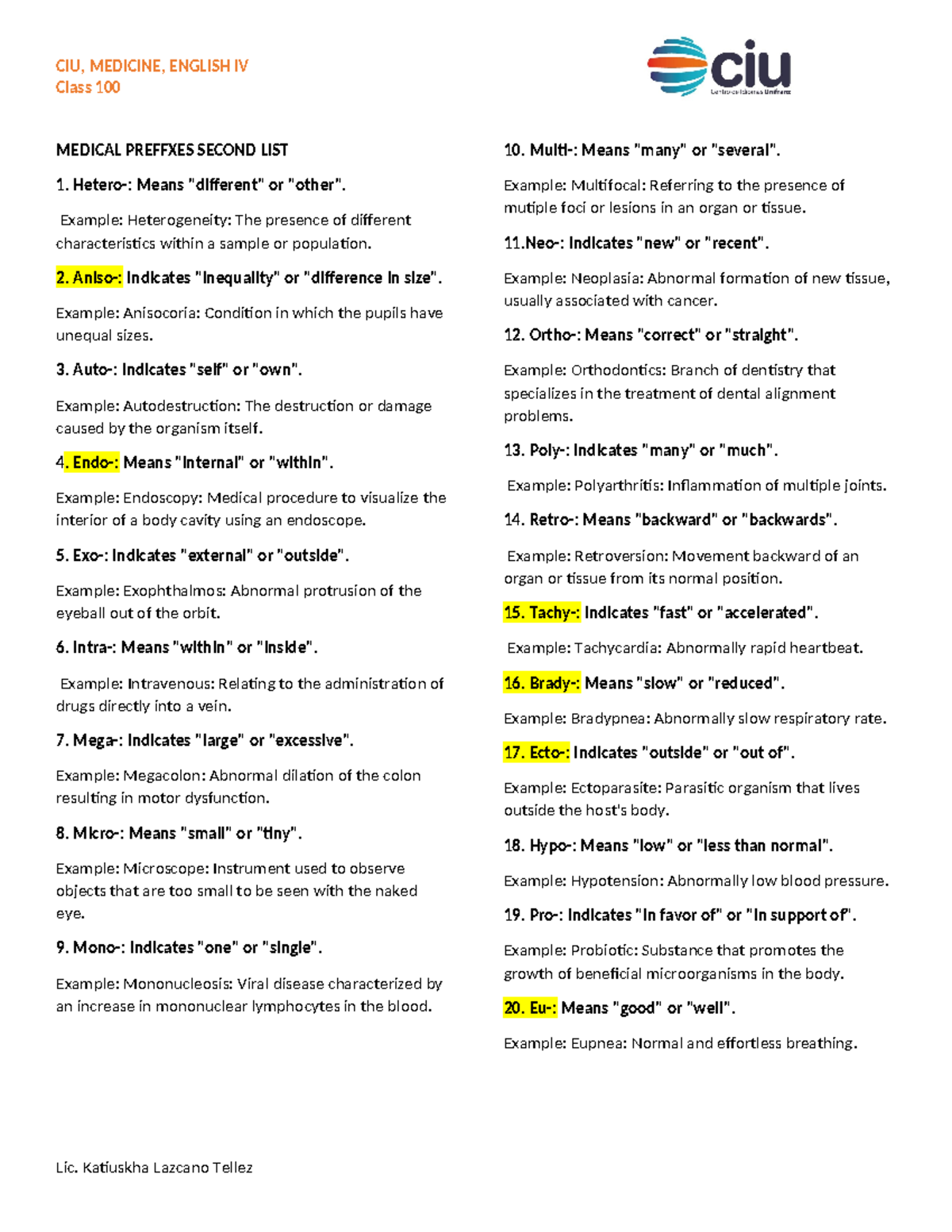 Medical Prefixes Second LIST HITO 4 - CIU, MEDICINE, ENGLISH IV Class ...