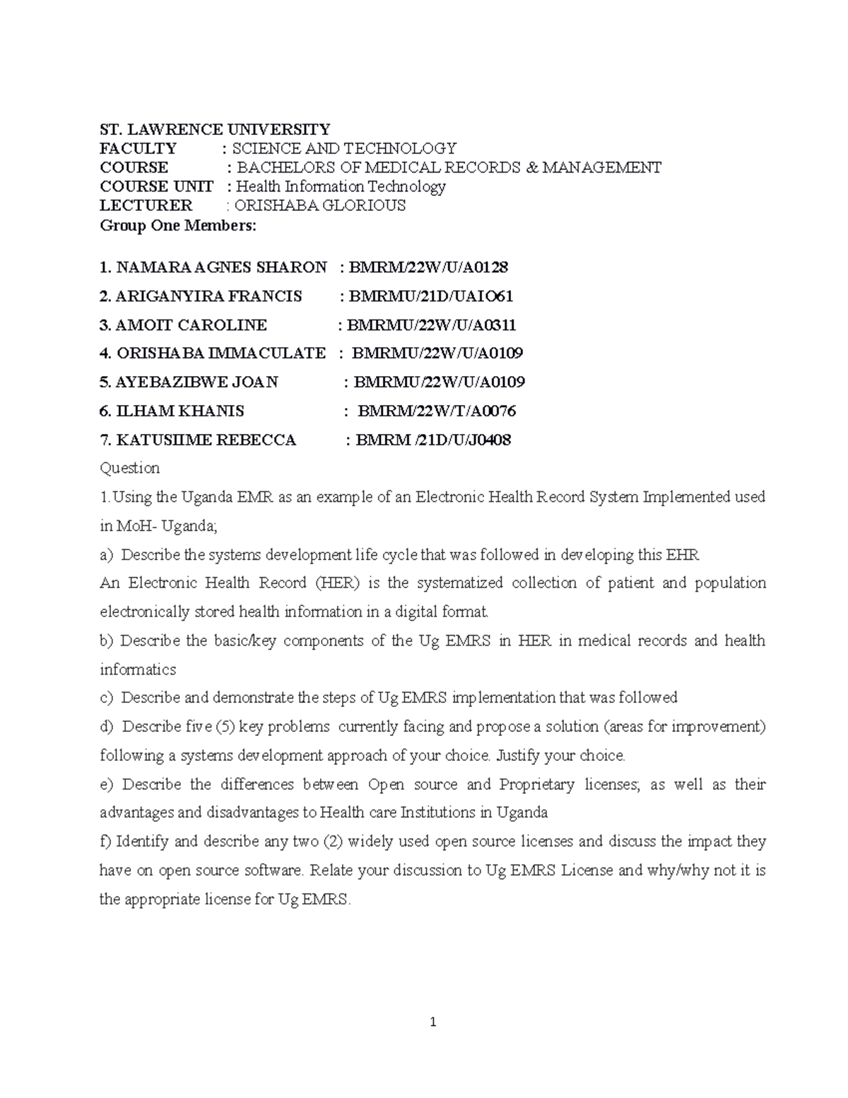 Health Information Technology assignment 01 - ST. LAWRENCE UNIVERSITY ...