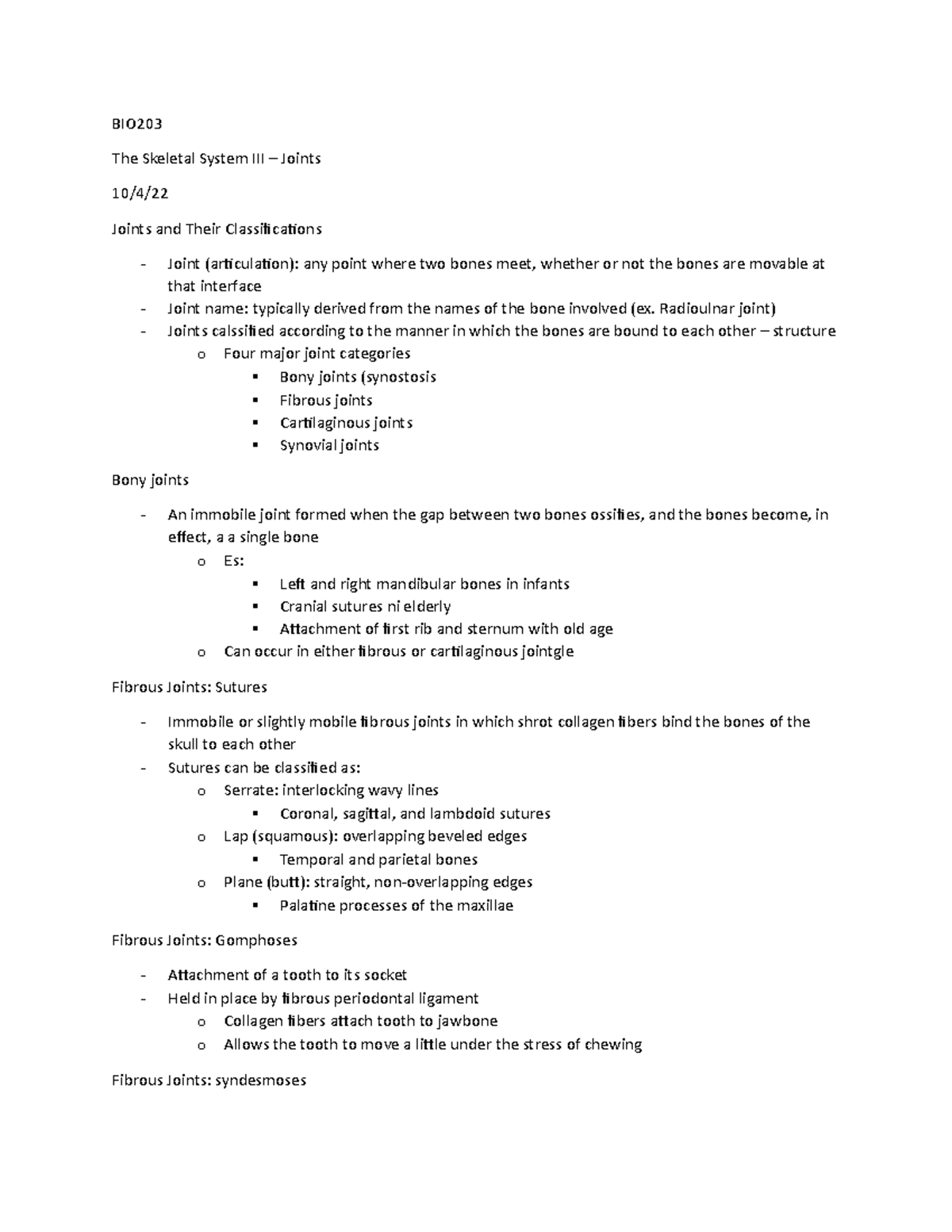 Skeletal system - joints - BIO The Skeletal System III – Joints 10/4 ...