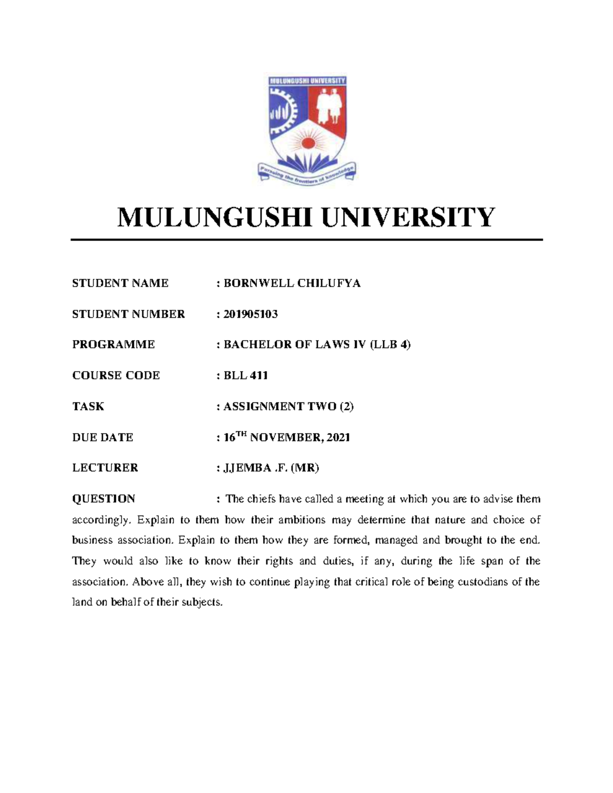 Assignment TWO ON CO Operatives MULUNGUSHI UNIVERSITY STUDENT NAME