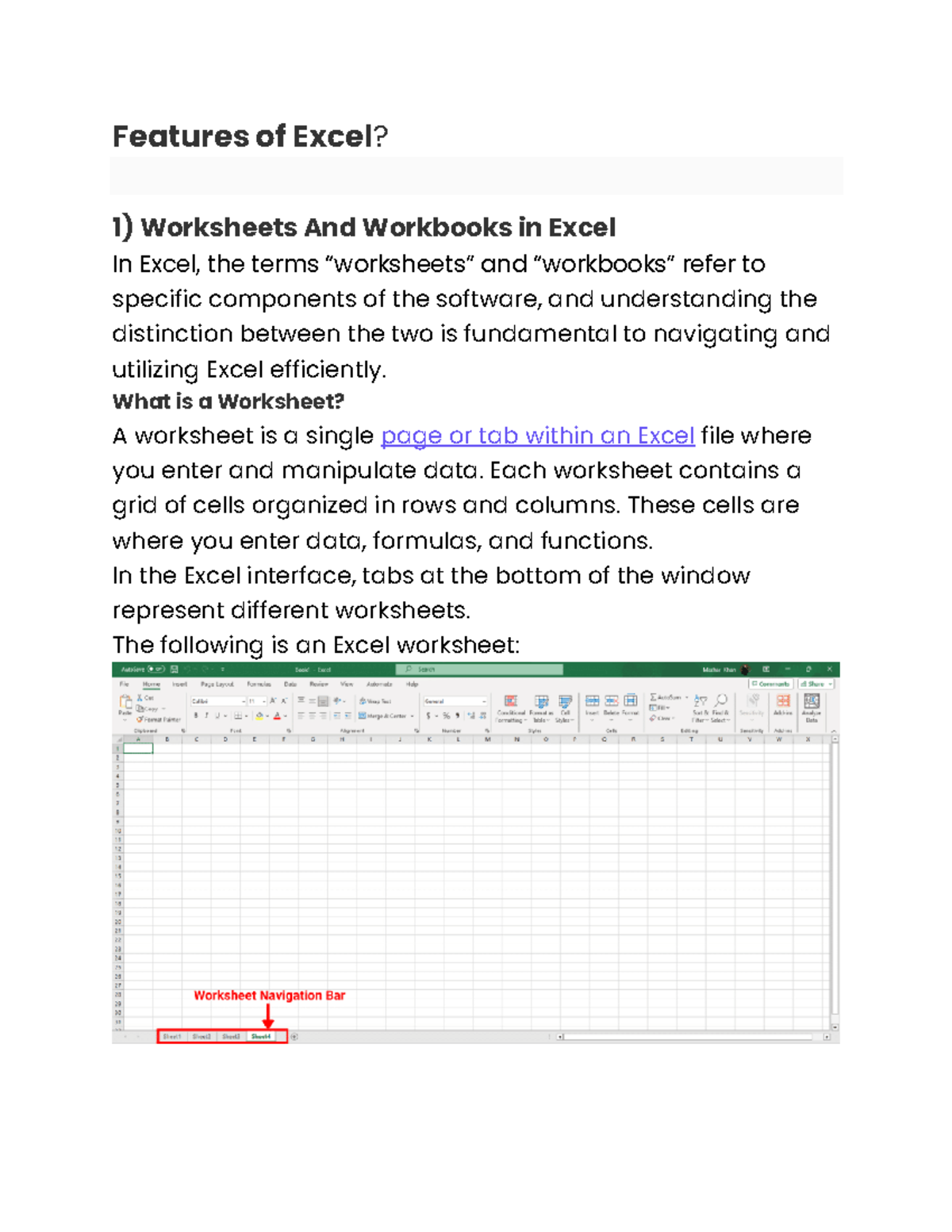 Features of Excel - Features of Excel? 1) Worksheets And Workbooks in ...