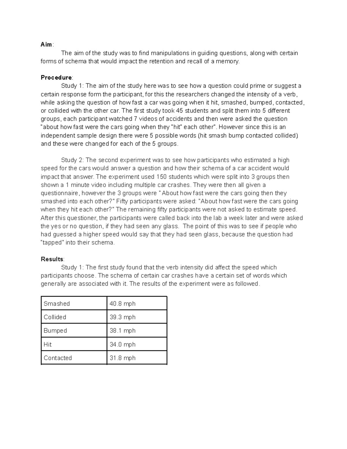APRI Loftus and Palmer Explains the aim, procedure, results, and