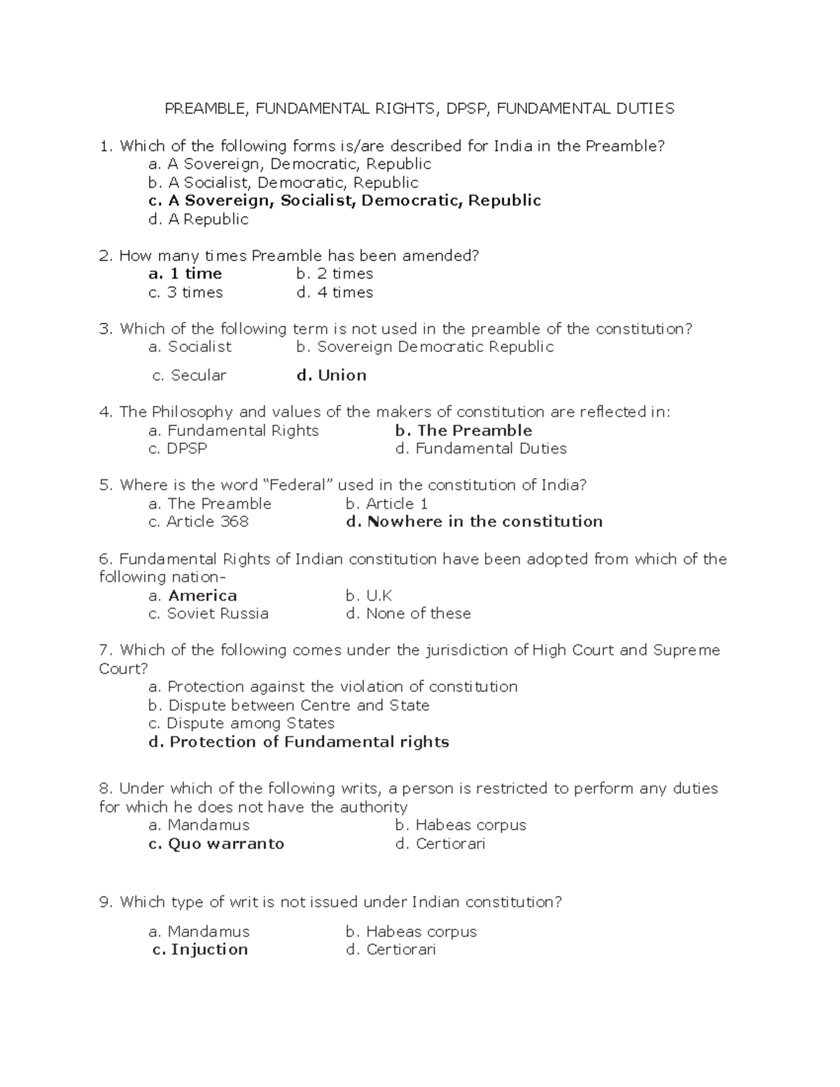 Preamble Objective questions for competitive exams ( SSC CGL,PSC